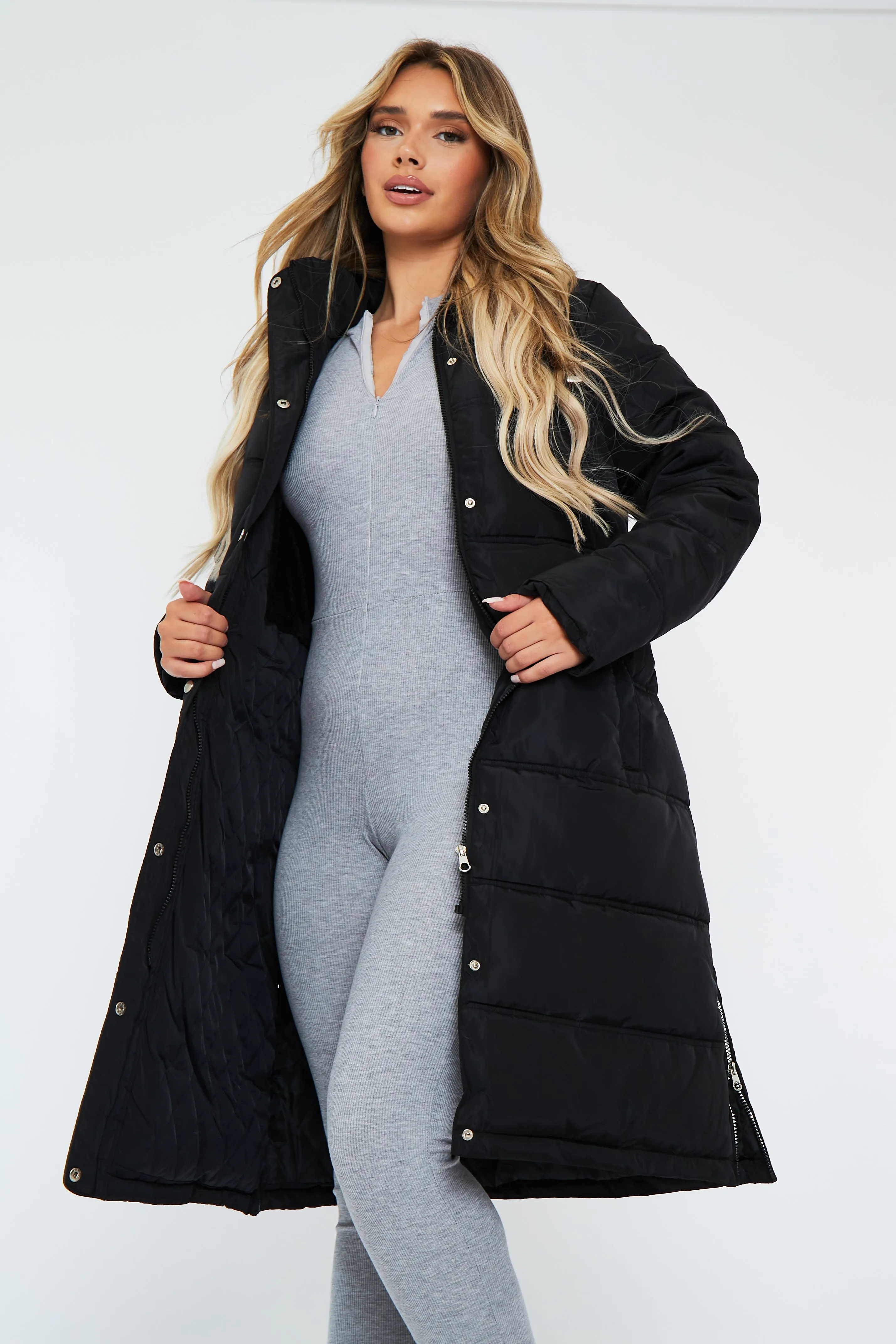 Black Zip Hem Longline Puffer Coat - Vonnie