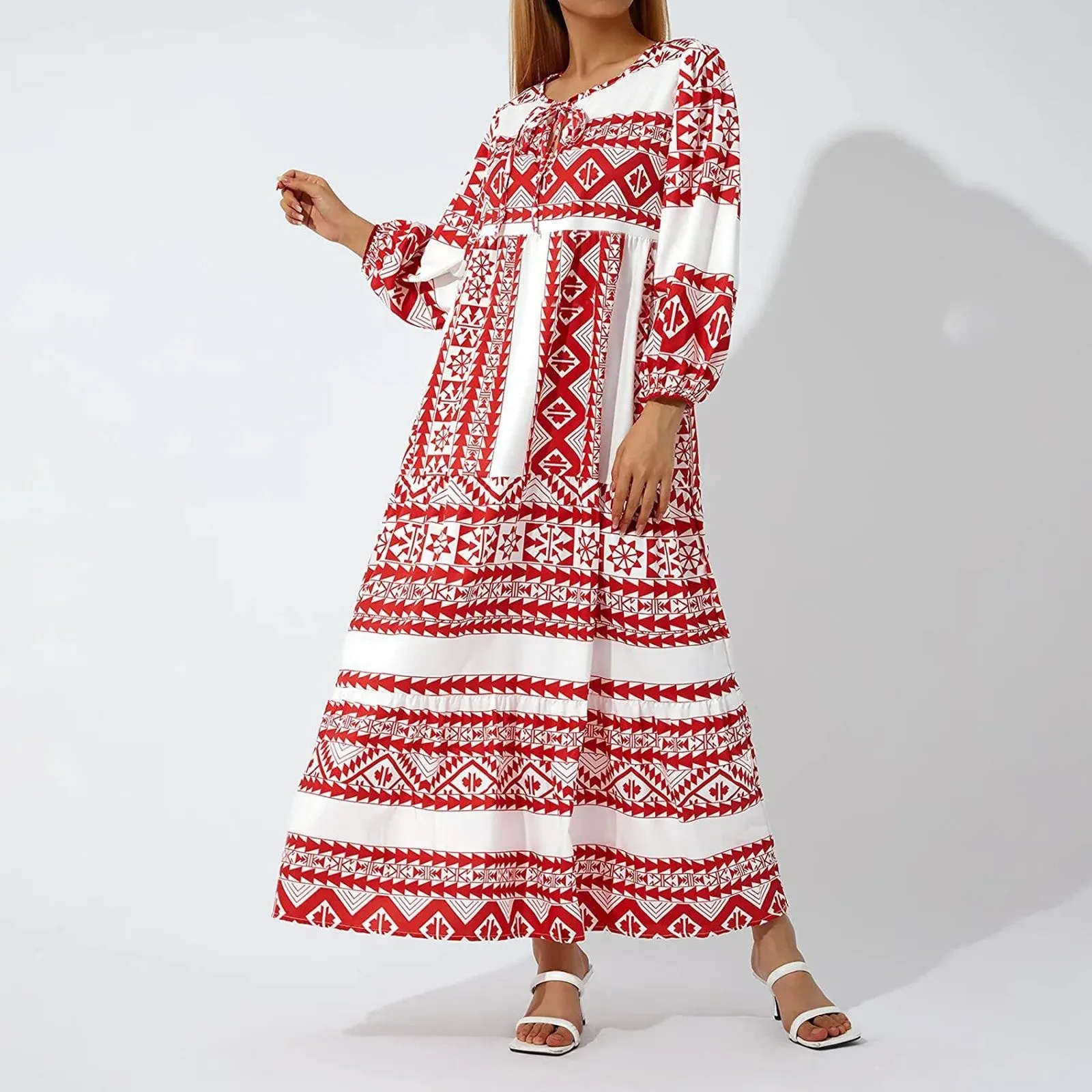 Bohemia Casual Geometric Print Lace-up Puff Sleeves Long Women's Holiday Beach A-Line Dress