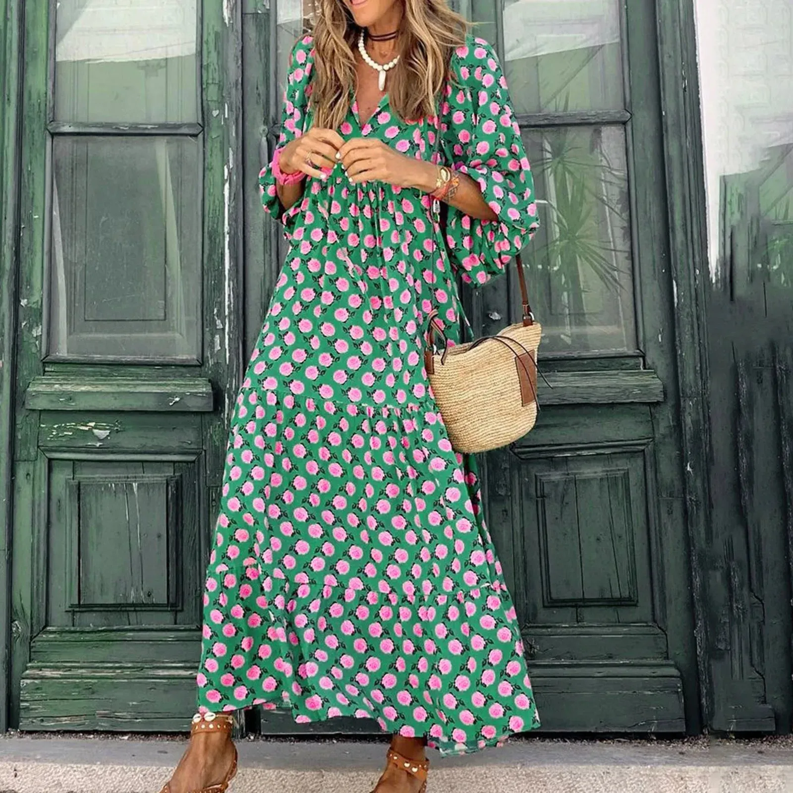 Bohemia Casual Geometric Print Lace-up Puff Sleeves Long Women's Holiday Beach A-Line Dress