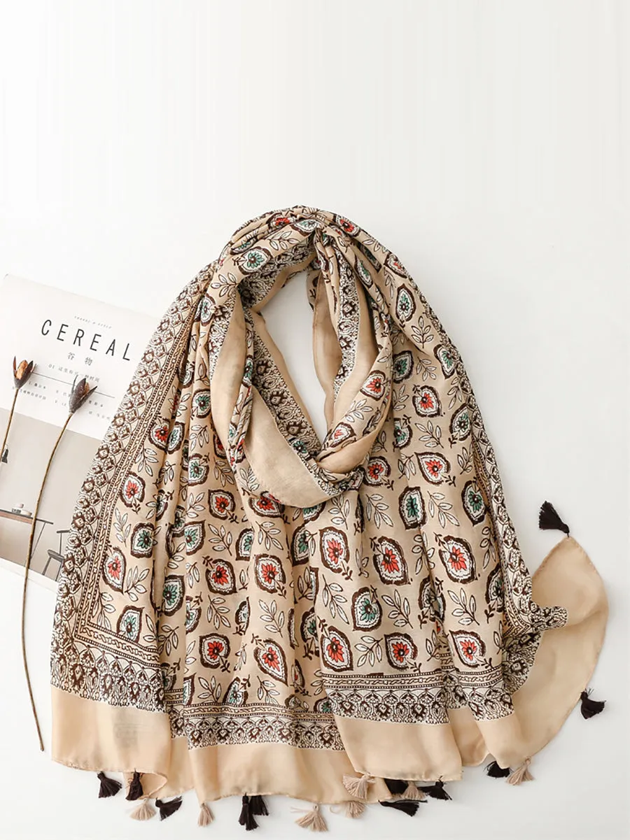 Bohemian Leaf Print Tassel Travel Shawl Scarf CV1021