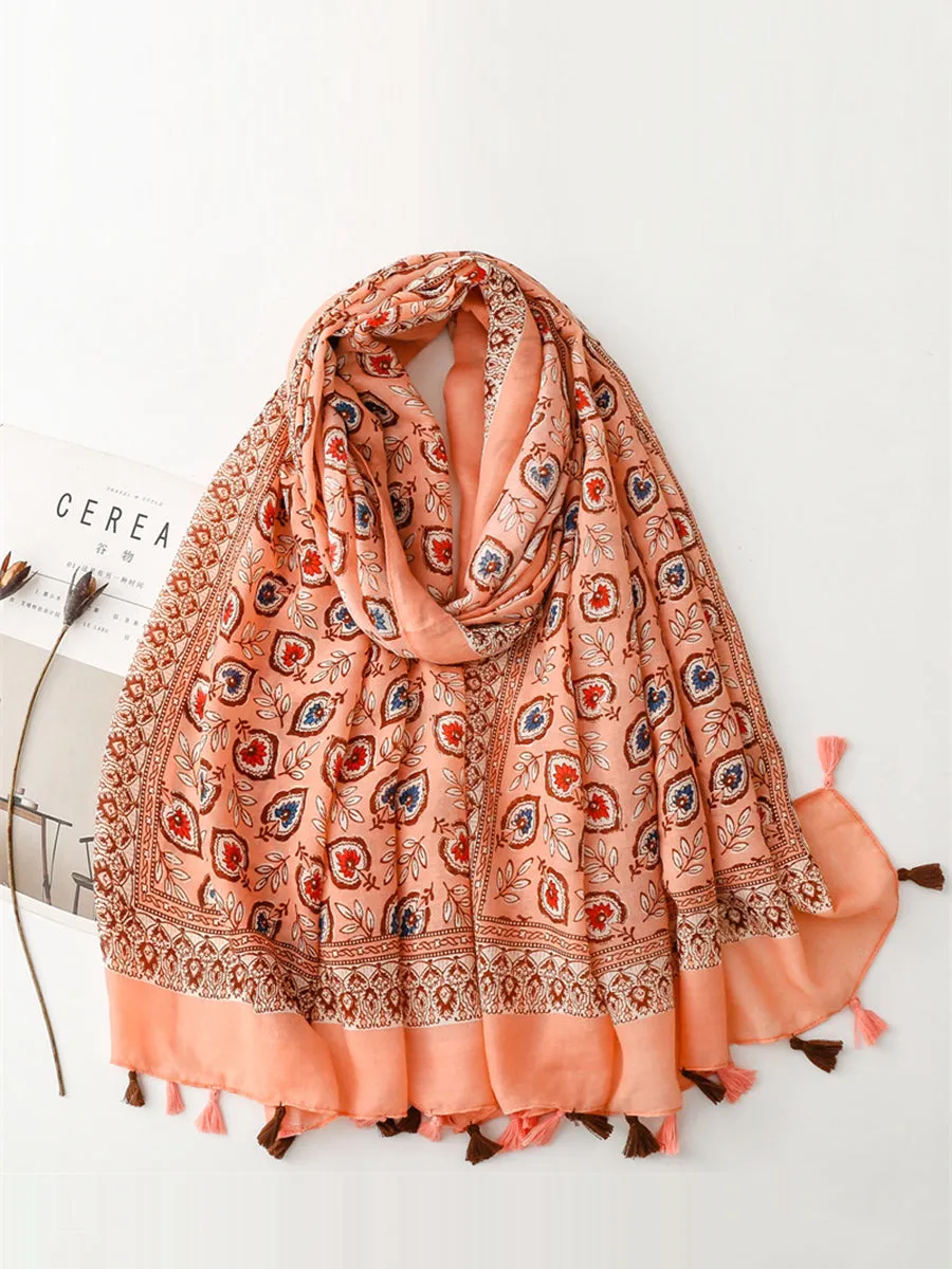 Bohemian Leaf Print Tassel Travel Shawl Scarf CV1021