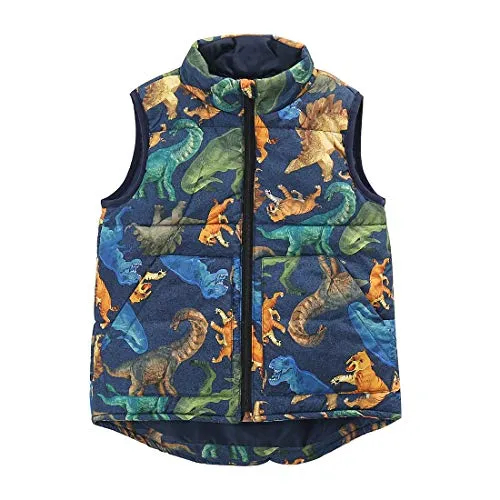 Boy Sleeveless Dinosaur  Warm Padded Vest With Front zip