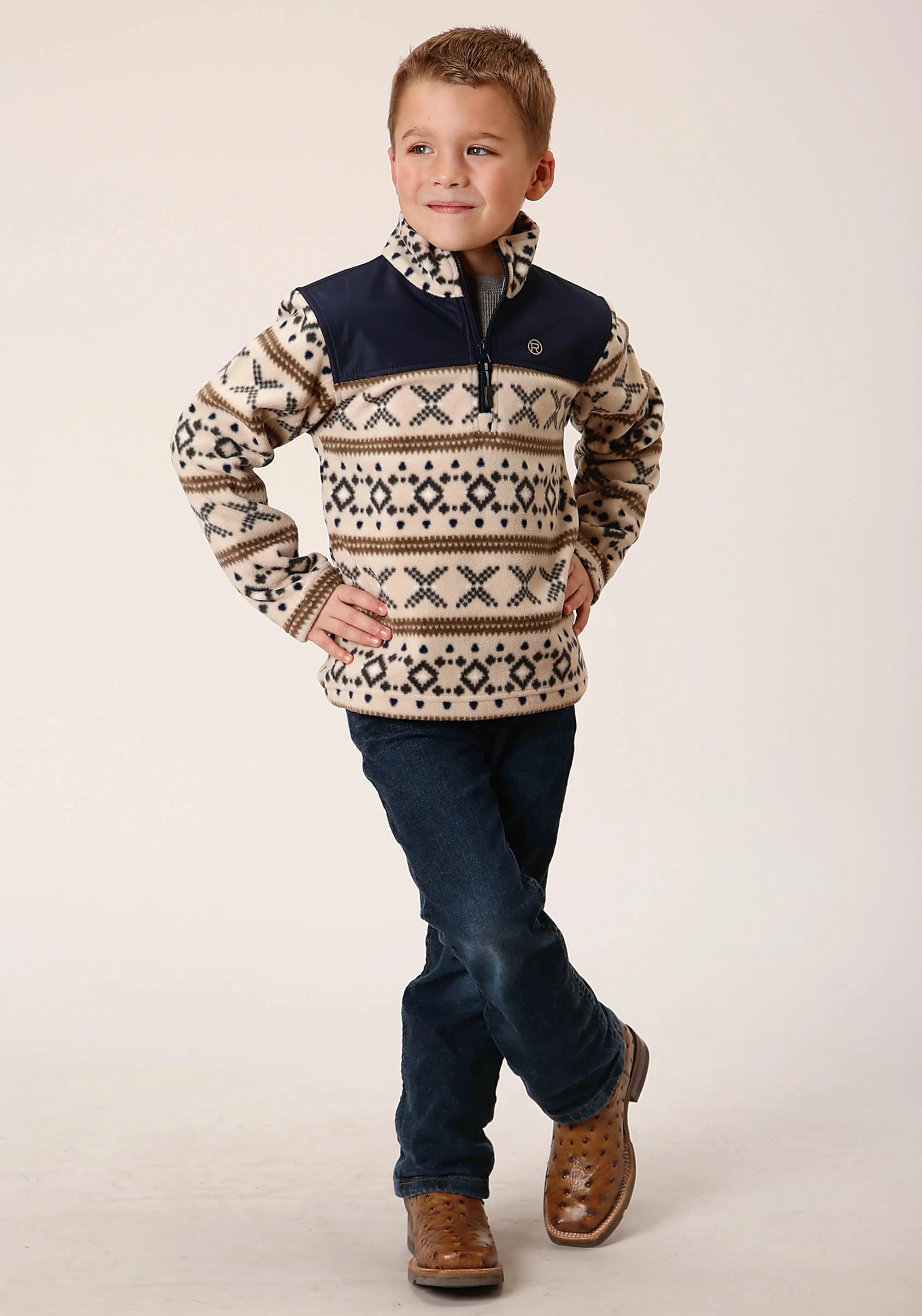 BOYS POLAR FLEECE  CREAM AZTEC PRINT PULLOVER