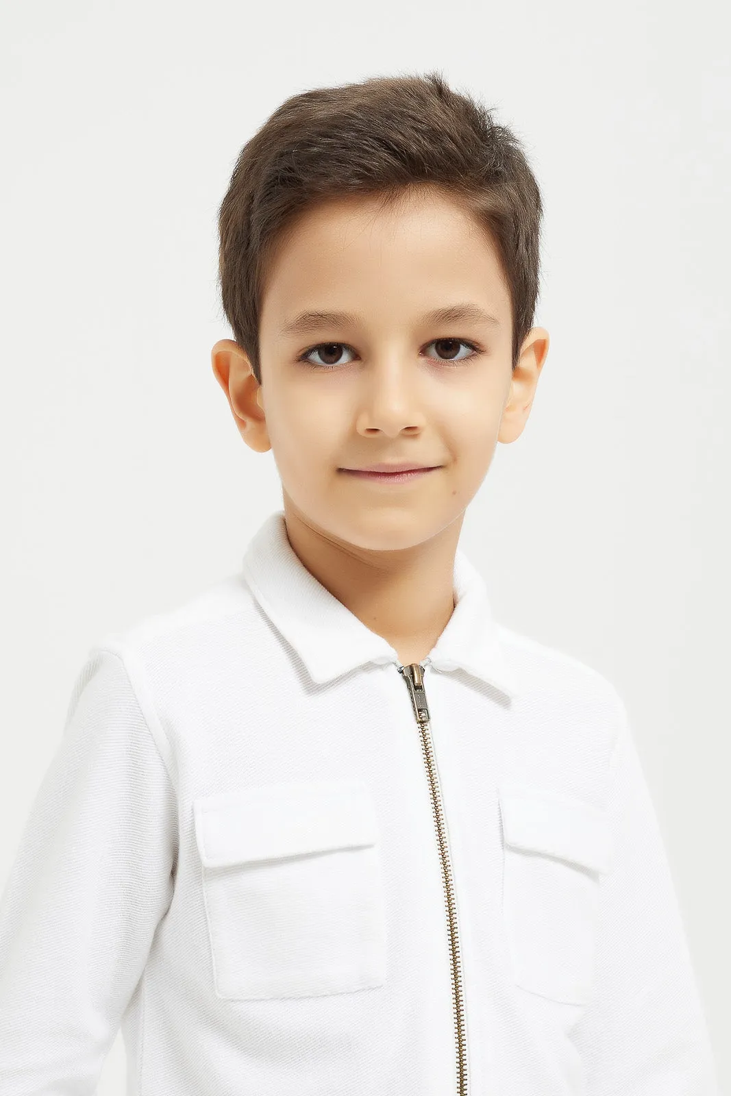 Boys White Jacquard Zip Thru Shacket