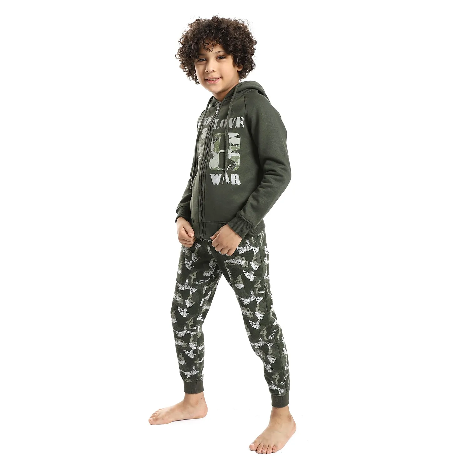 Boys' Winter Pajamas With Camouflage Sweatpants - Dark Green