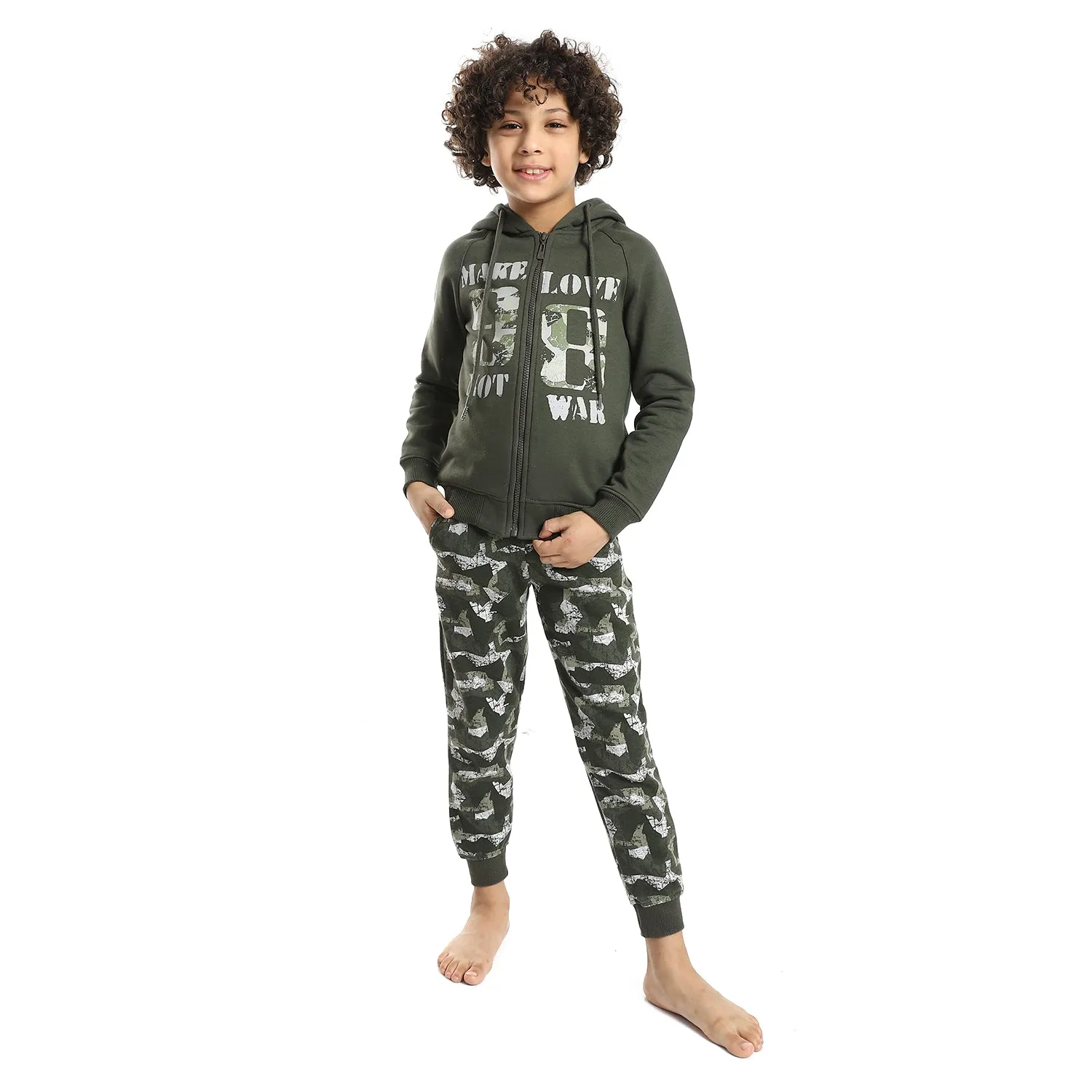 Boys' Winter Pajamas With Camouflage Sweatpants - Dark Green