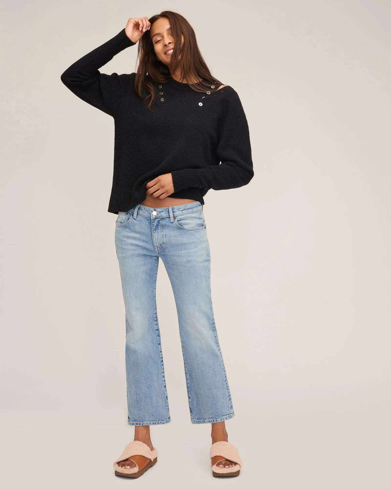 Braxton Double Button Crewneck Sweater in Black