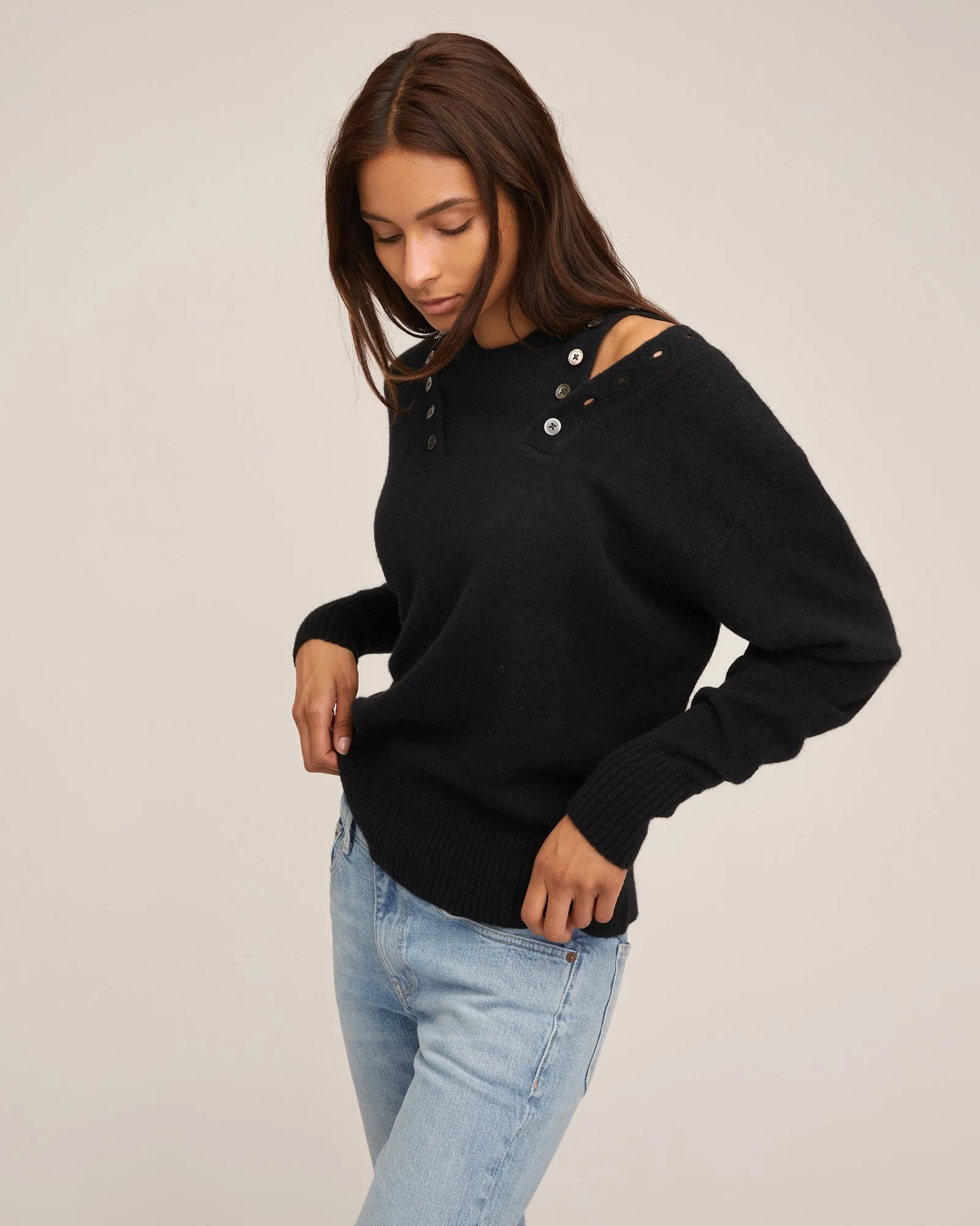 Braxton Double Button Crewneck Sweater in Black