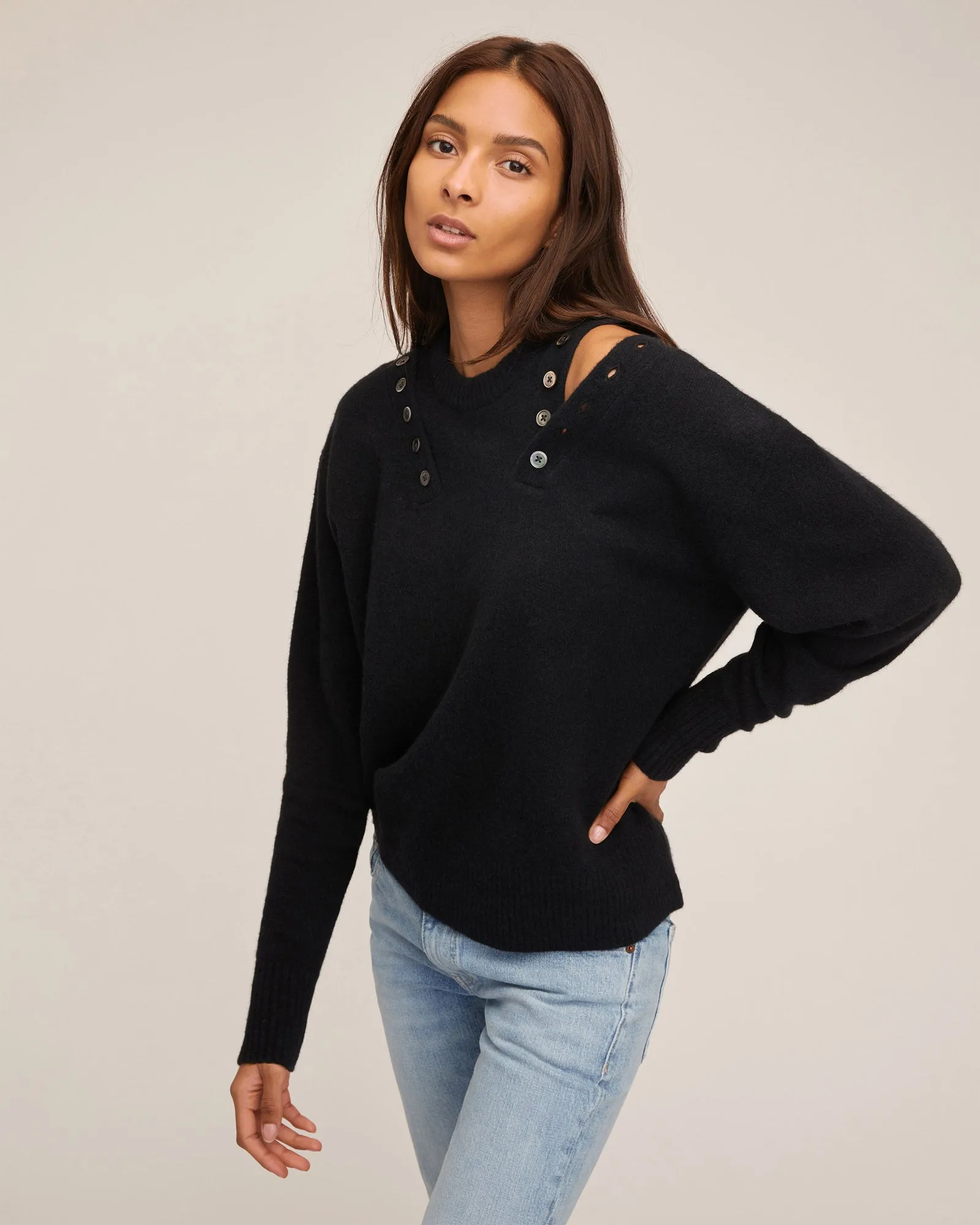 Braxton Double Button Crewneck Sweater in Black