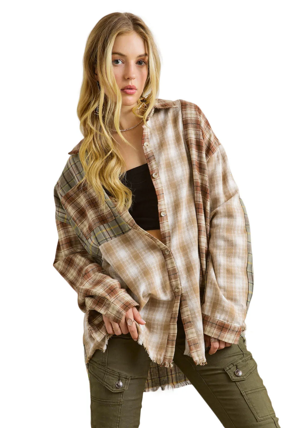 Brown Multi Plaid Patchwork Raw Edge Casual Shirt