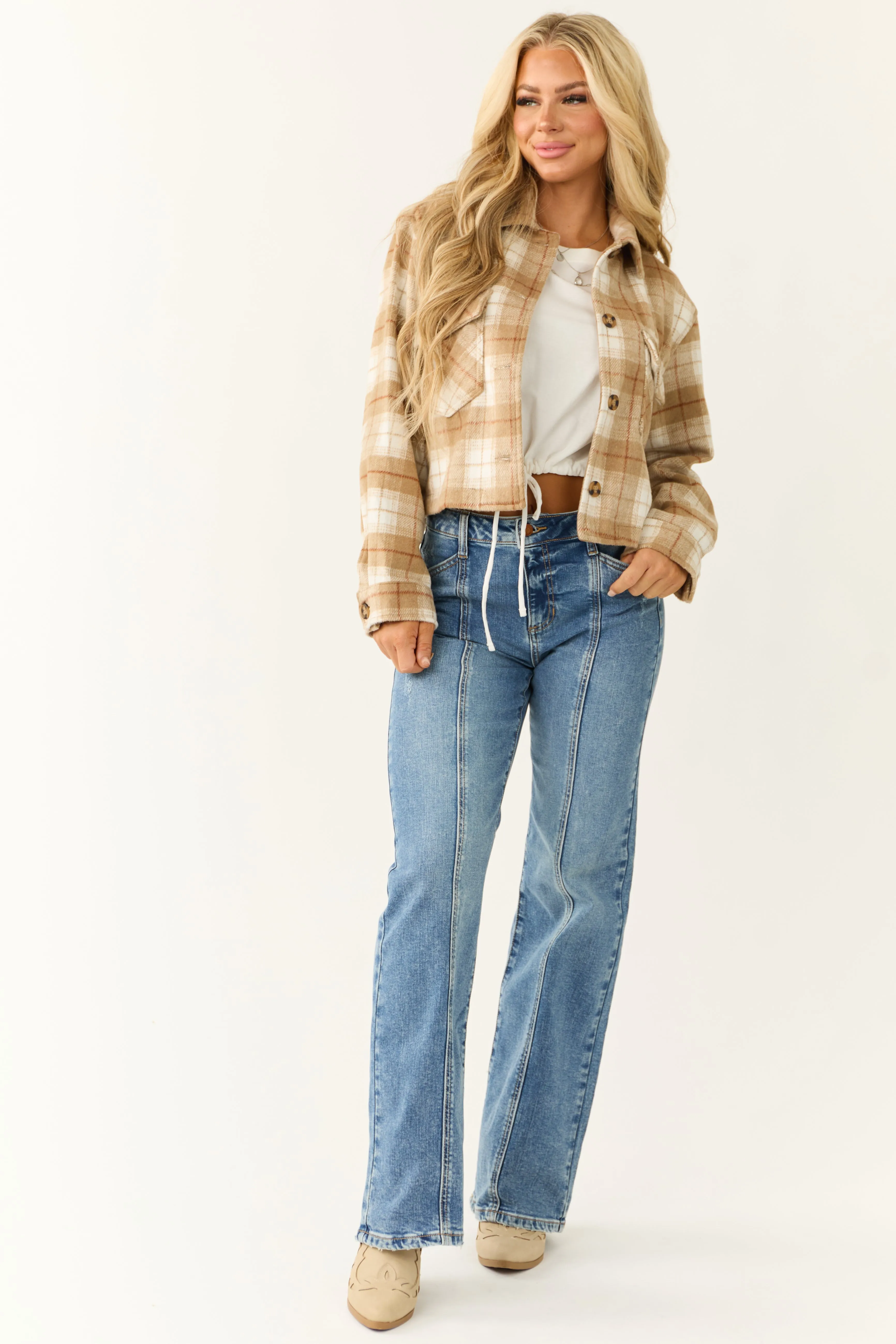 Camel Plaid Soft Fleece Cropped Shirt Jacket