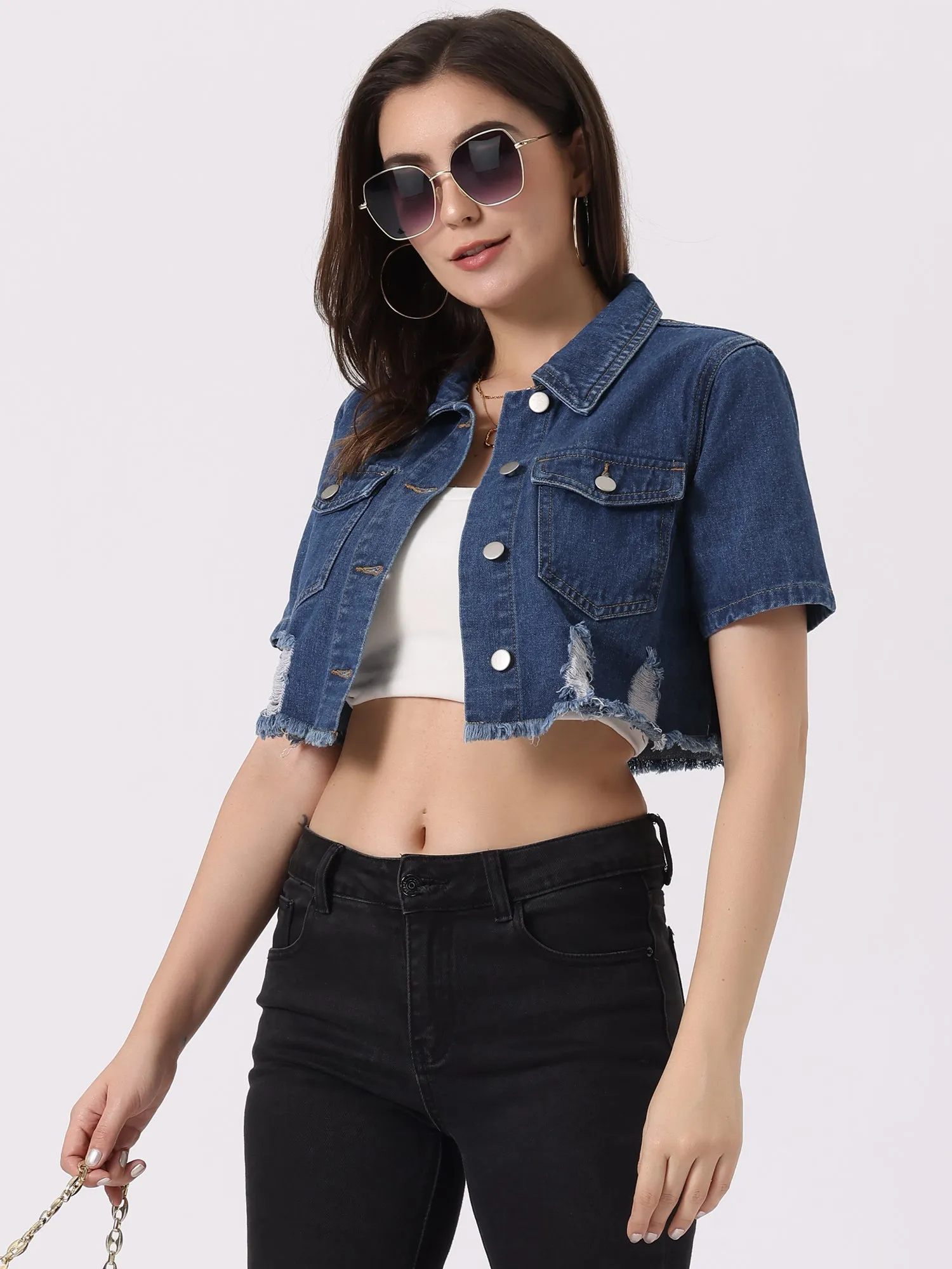 Casual Cropped Collared Short Sleeve Frayed Jean Denim Jacket