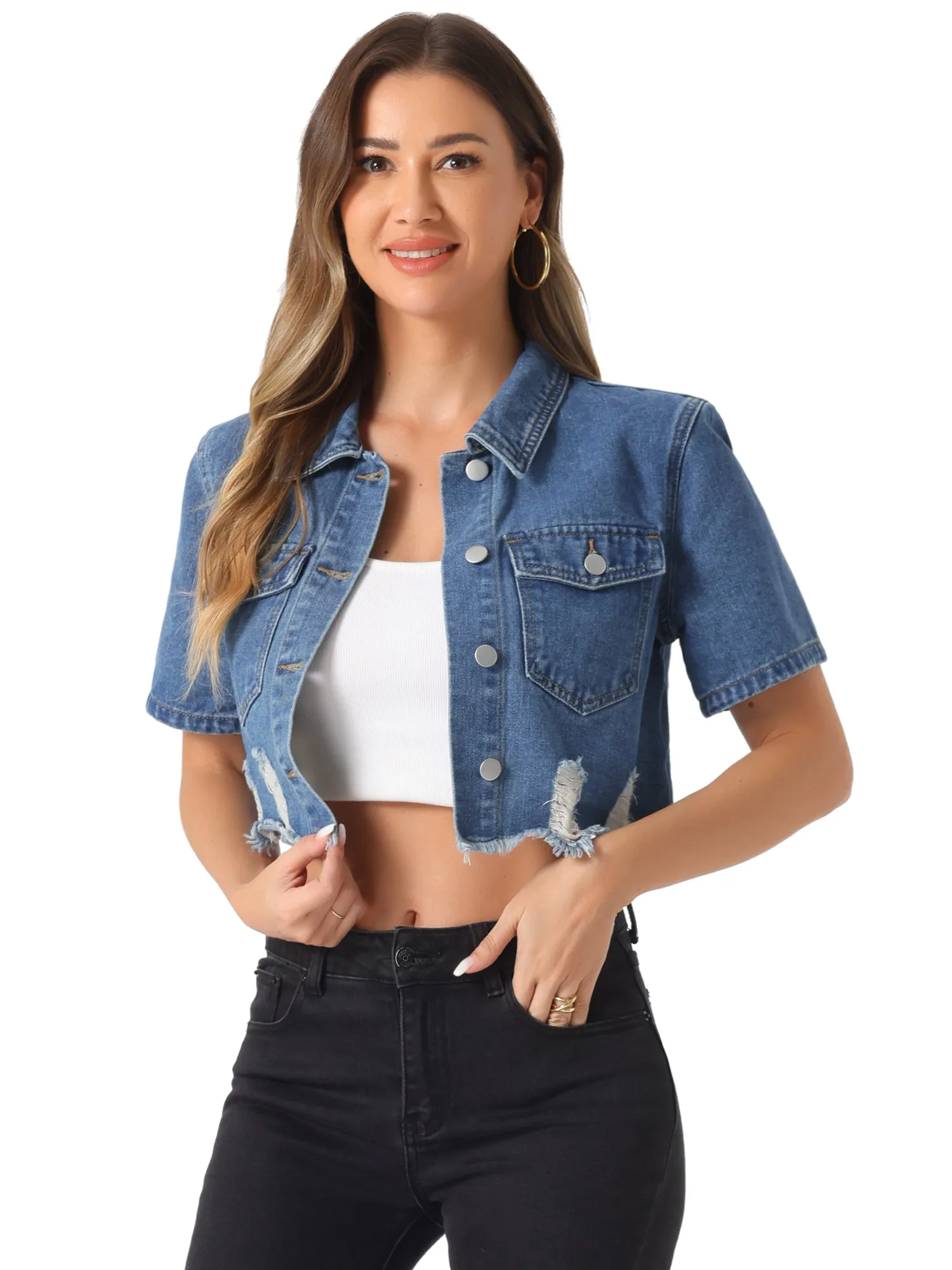 Casual Cropped Collared Short Sleeve Frayed Jean Denim Jacket