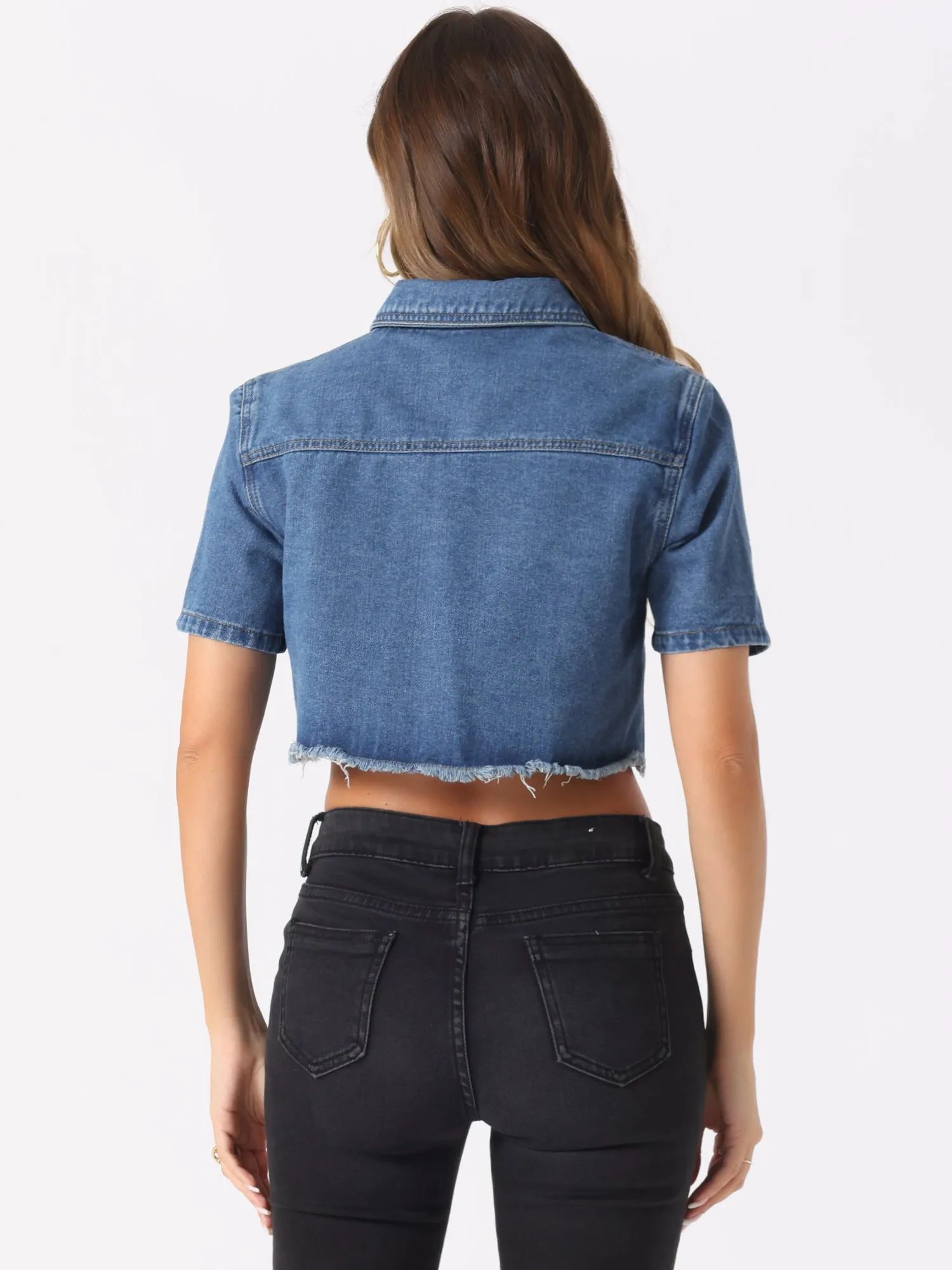 Casual Cropped Collared Short Sleeve Frayed Jean Denim Jacket