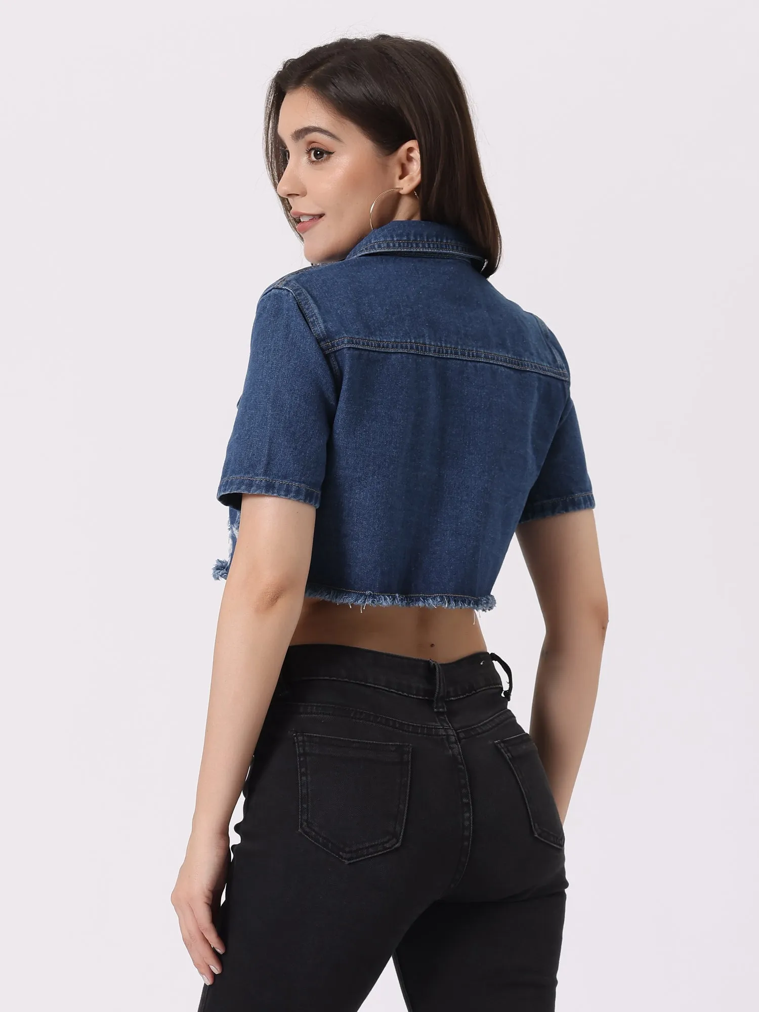 Casual Cropped Collared Short Sleeve Frayed Jean Denim Jacket