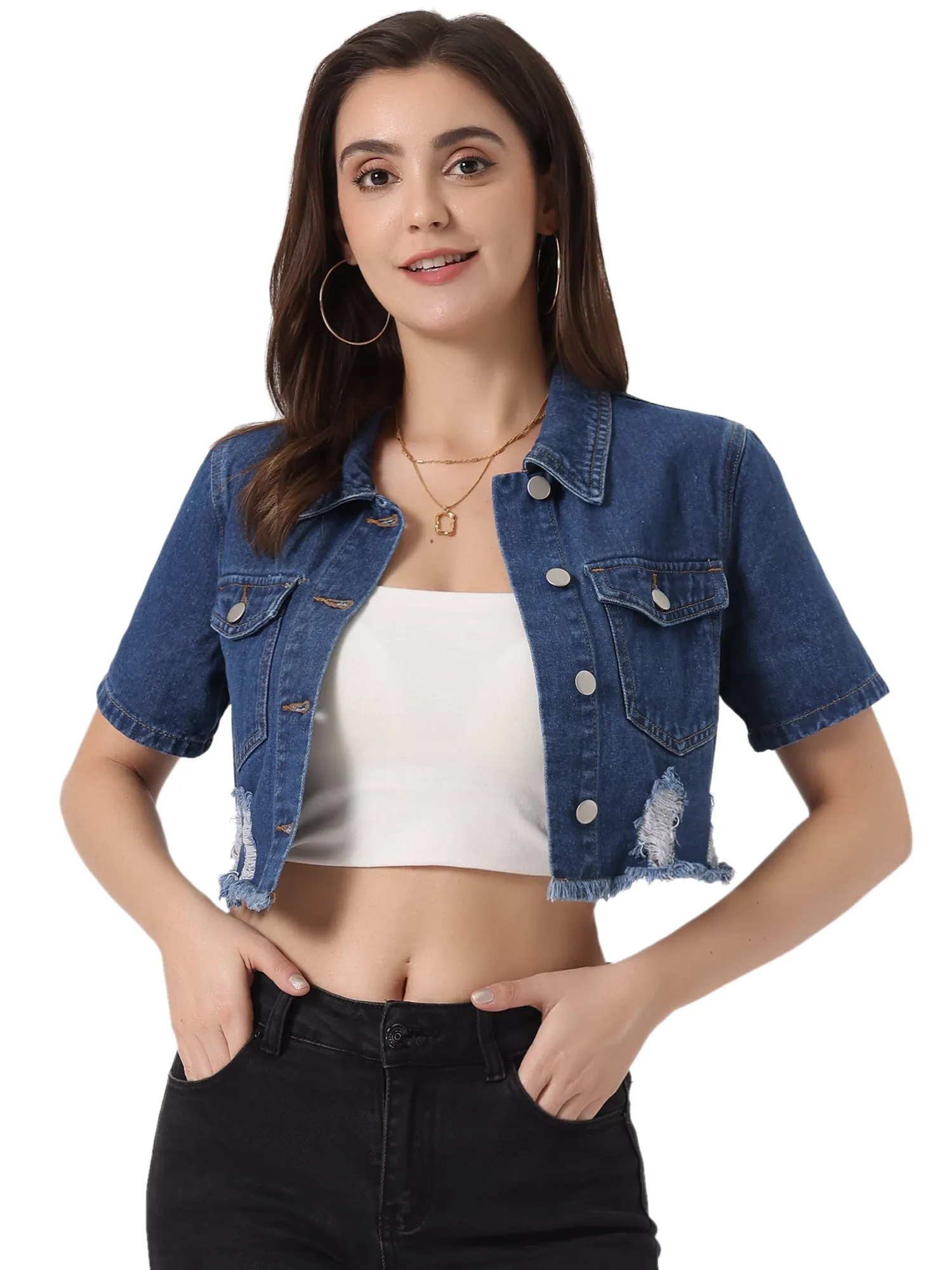 Casual Cropped Collared Short Sleeve Frayed Jean Denim Jacket