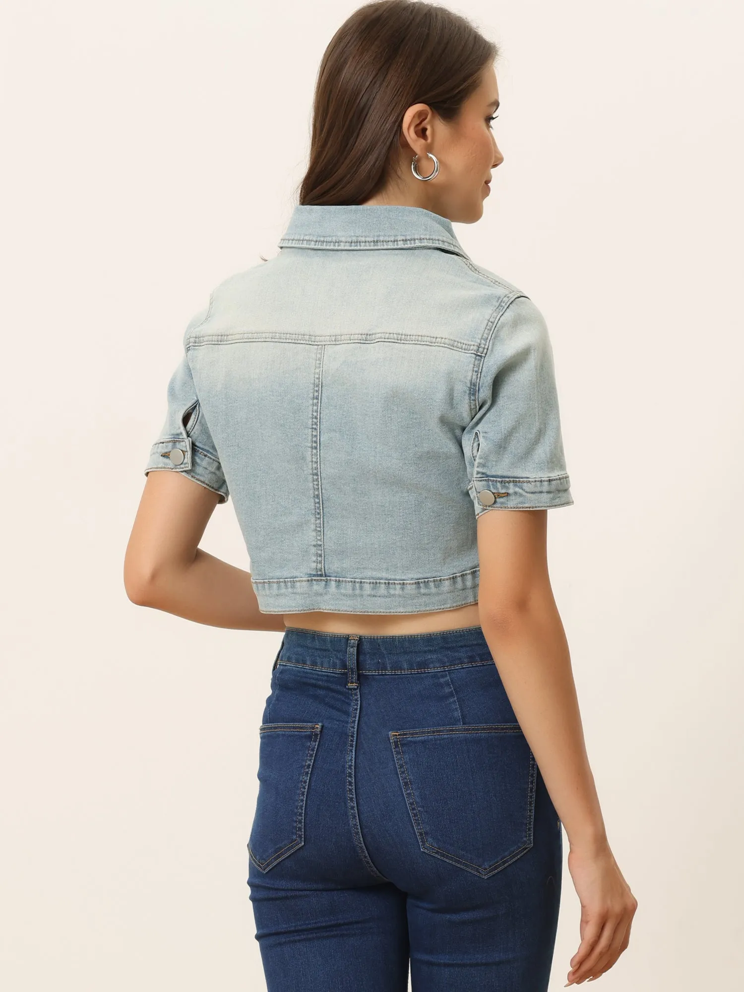 Casual Lapel Short Sleeve Crop Top Jean Denim Jacket