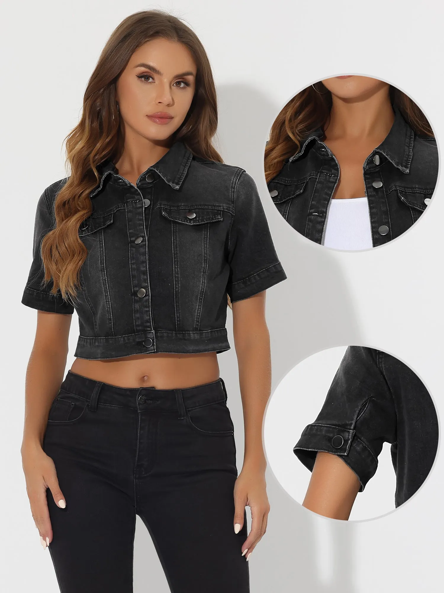 Casual Lapel Short Sleeve Crop Top Jean Denim Jacket