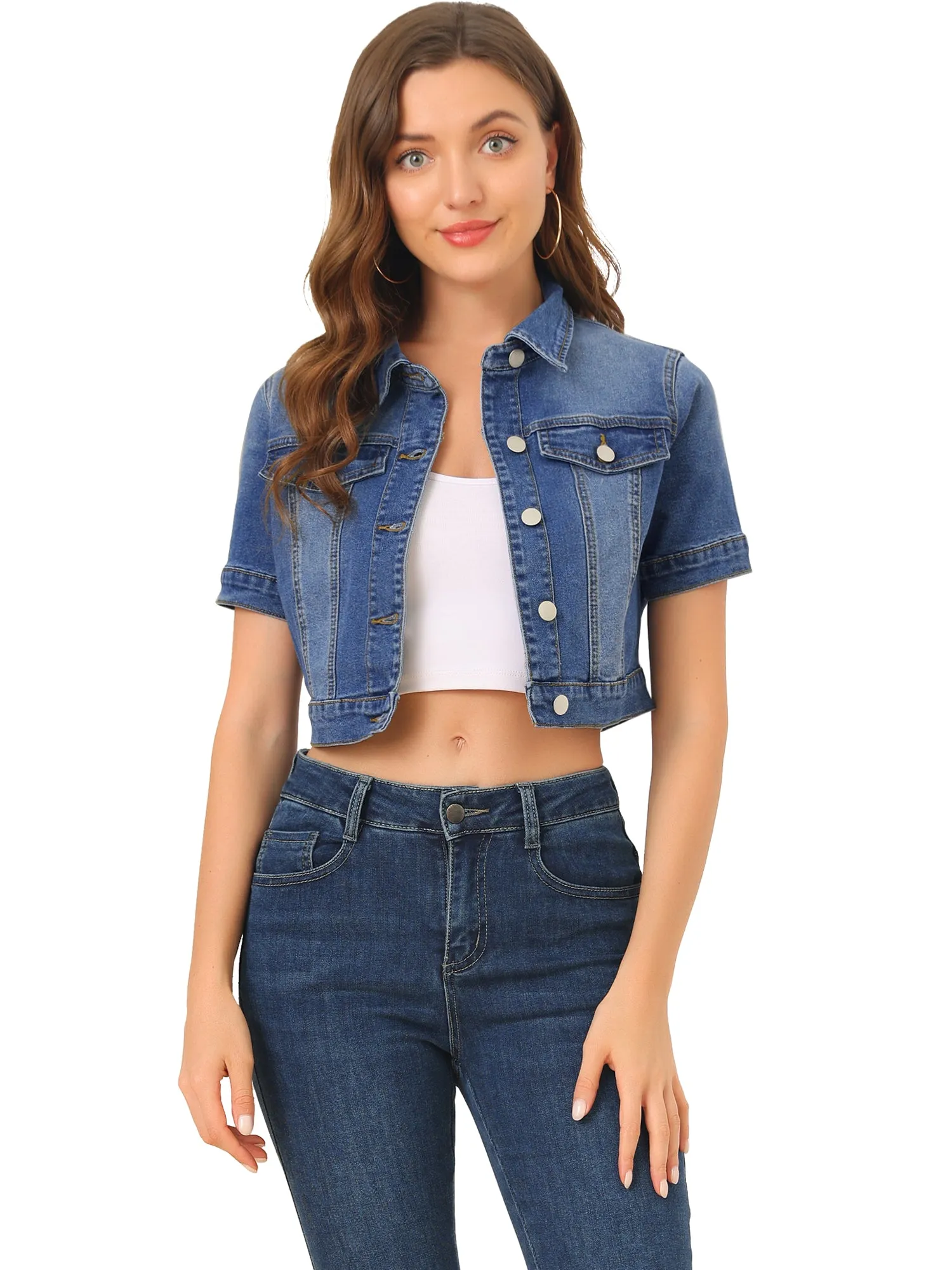 Casual Lapel Short Sleeve Crop Top Jean Denim Jacket