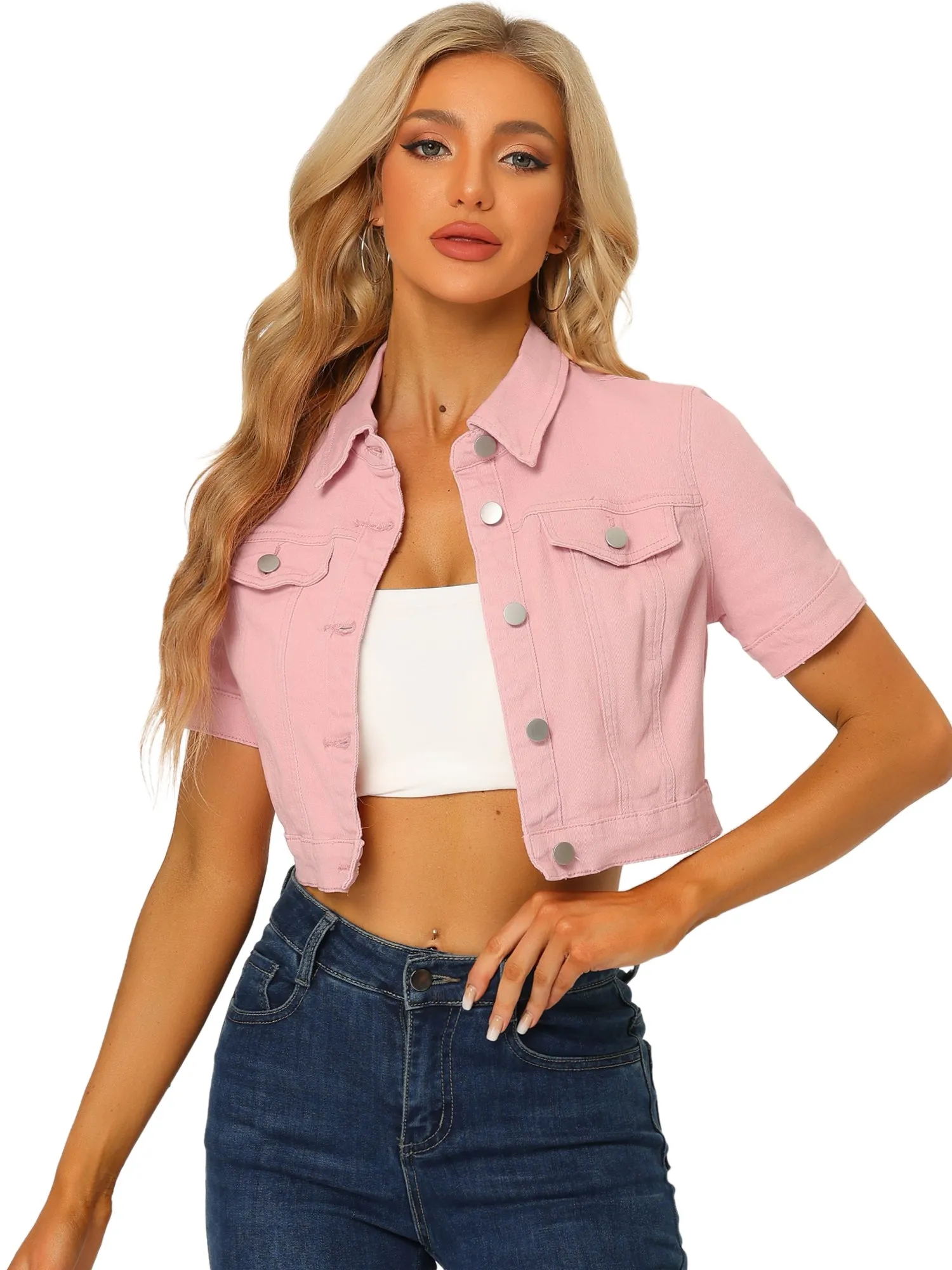 Casual Lapel Short Sleeve Crop Top Jean Denim Jacket