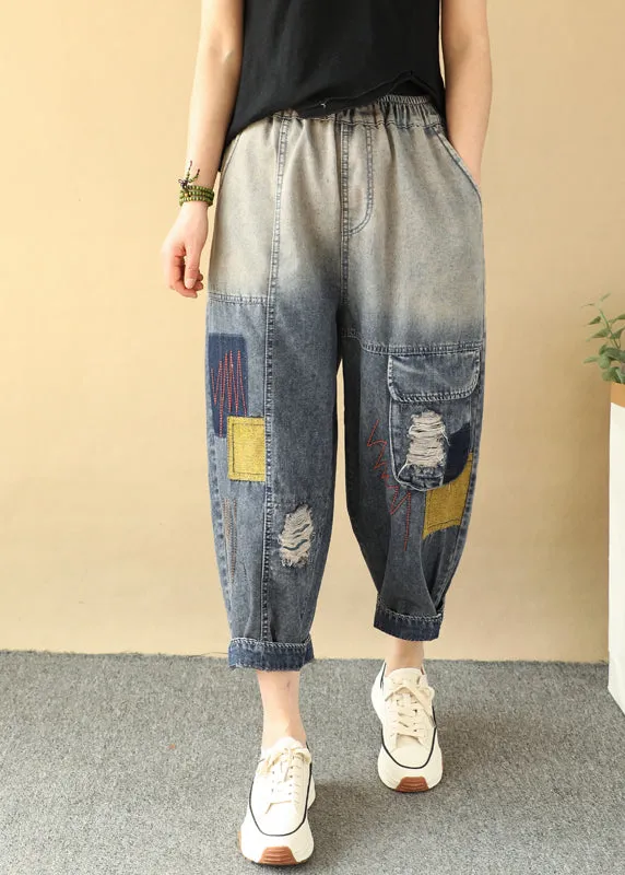 Casual Loose Gradient Color Elastic Waist Ripped Jeans Summer QQ1009