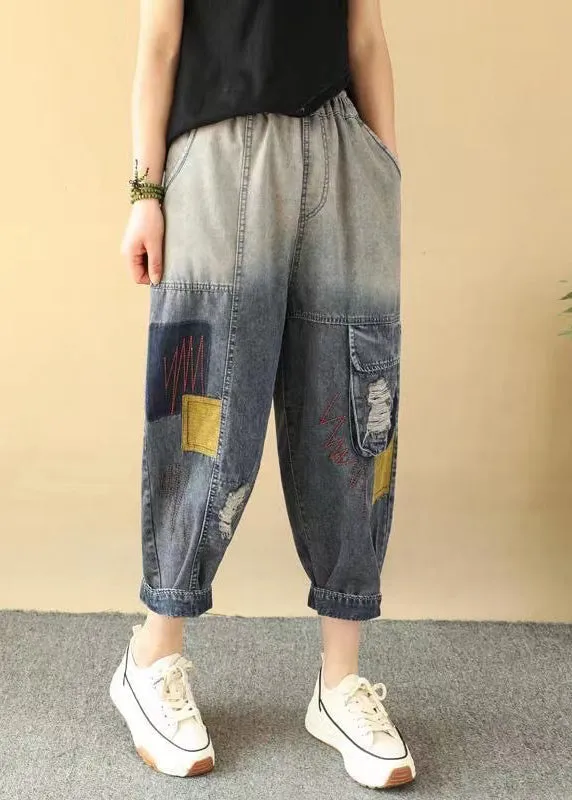 Casual Loose Gradient Color Elastic Waist Ripped Jeans Summer QQ1009