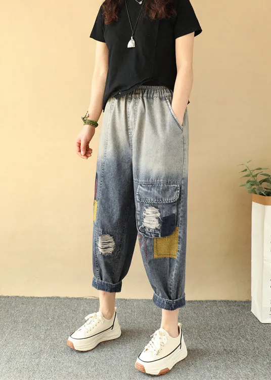 Casual Loose Gradient Color Elastic Waist Ripped Jeans Summer QQ1009