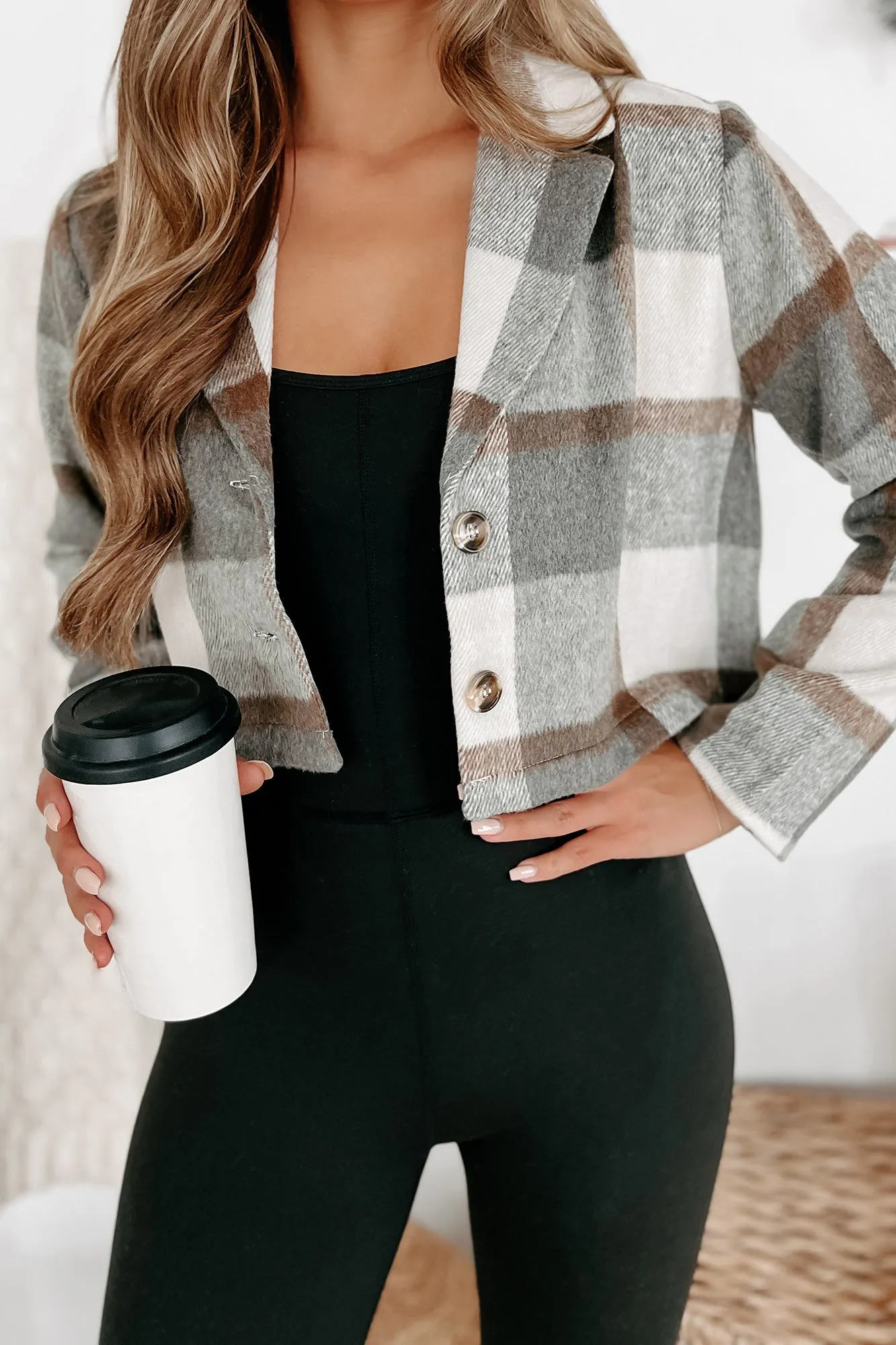 Casually Stylish Plaid Crop Jacket (Grey)