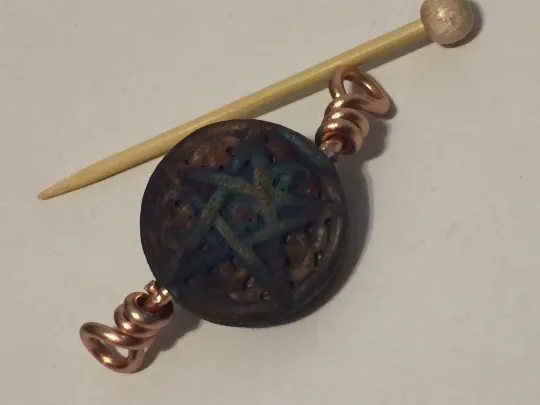 Ceramic Pentagram Shawl Pin ~ Raku Fired ~ Wire Wrapped ~ Rainbow Raku