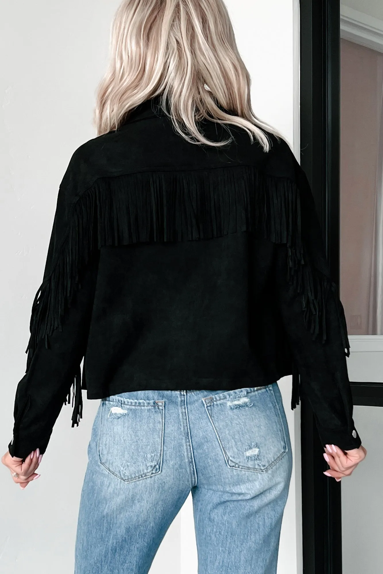 Chasing Cowboys Faux Suede Fringe Shacket (Ash Black)