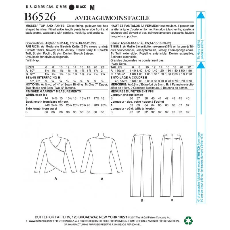 CLEARANCE • BUTTERICK PATTERN MISSES' CROSSOVER KNIT TOP AND SIDE-SEAM-DETAIL PANTS 6526