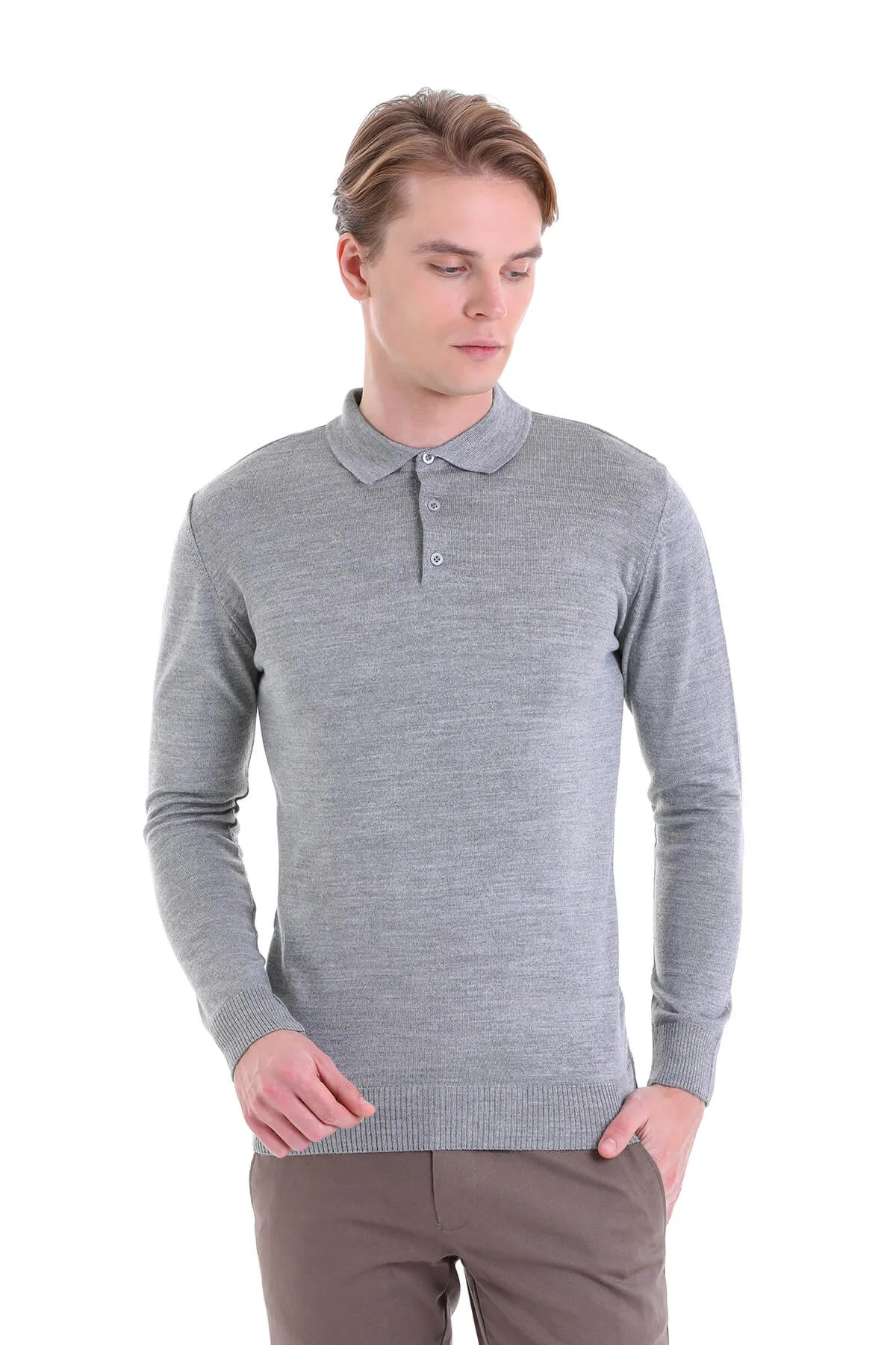 Comfort Fit Wool Blend Gray Polo Sweater