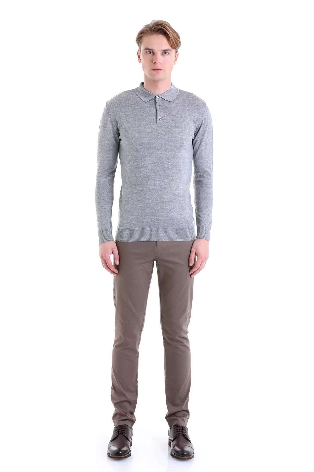 Comfort Fit Wool Blend Gray Polo Sweater