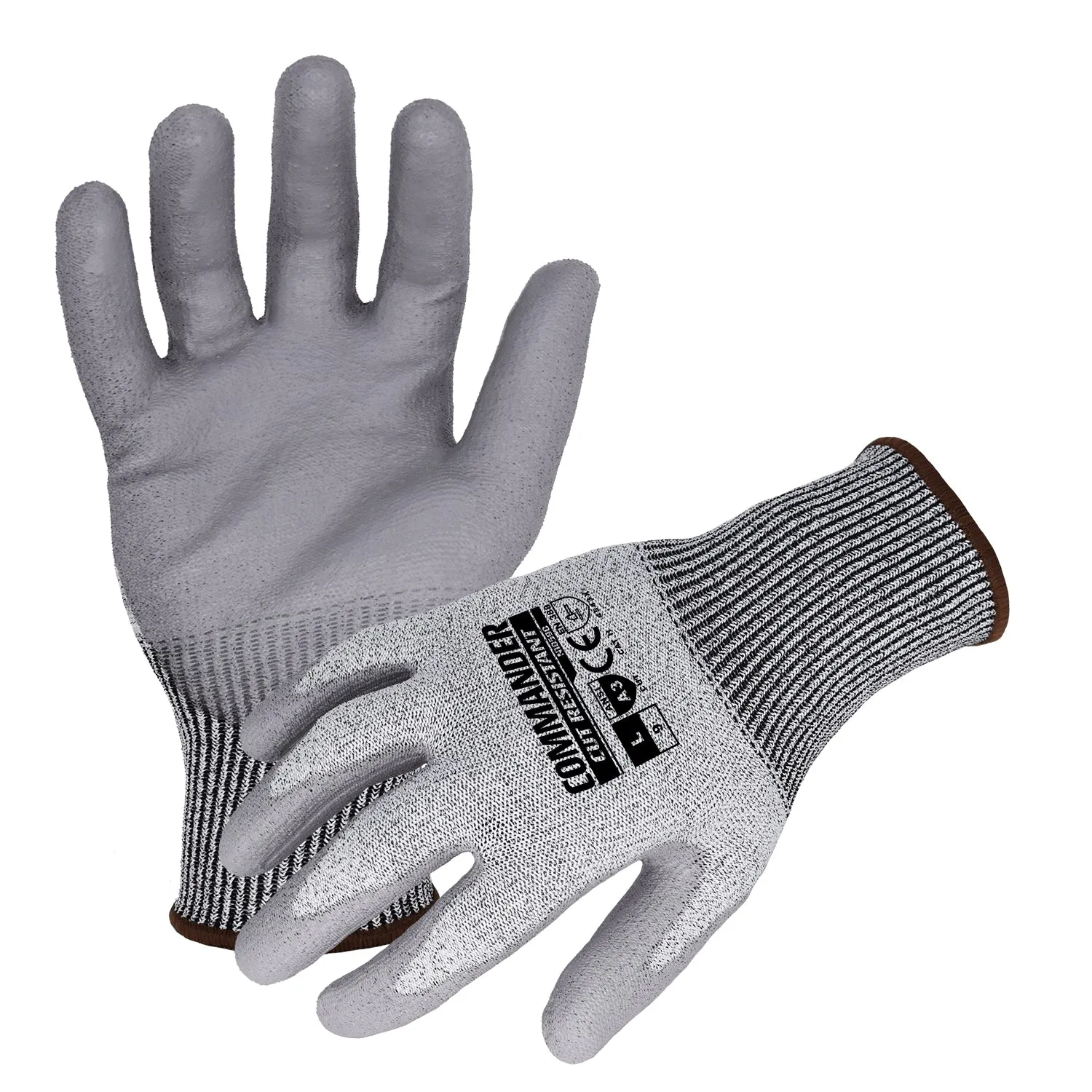 Commander(N10590) Cut Resistant Work Gloves, 13-Gauge Gray Seamless ANSI A3 Cut Resistant Gloves w/ Gray Polyurethane Palm/Finger Coating, Large, Case of 12 Pairs