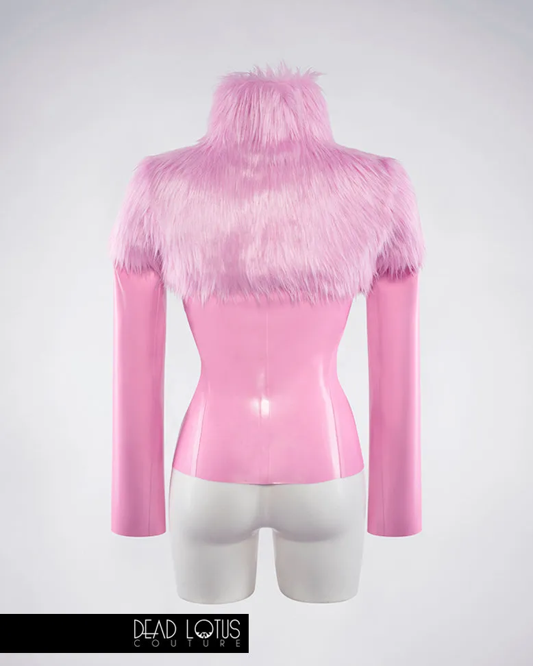 COMPLETE OUTFIT - MALUM Latex Outfit Off-Shoulder Catsuit & Jacket with Faux Fur and Wrist Gloves