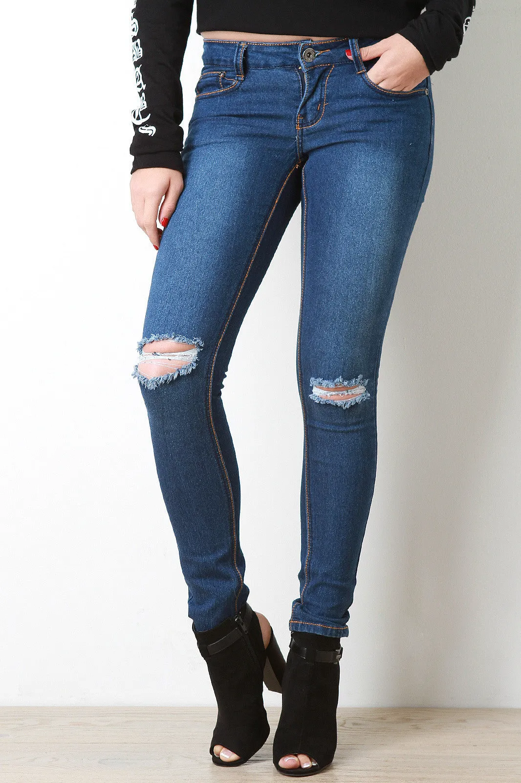 Contrast Stitch Distress Knees Denim Jeans