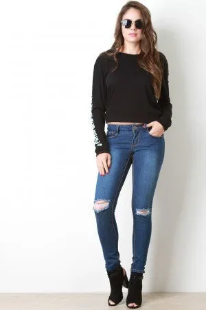 Contrast Stitch Distress Knees Denim Jeans