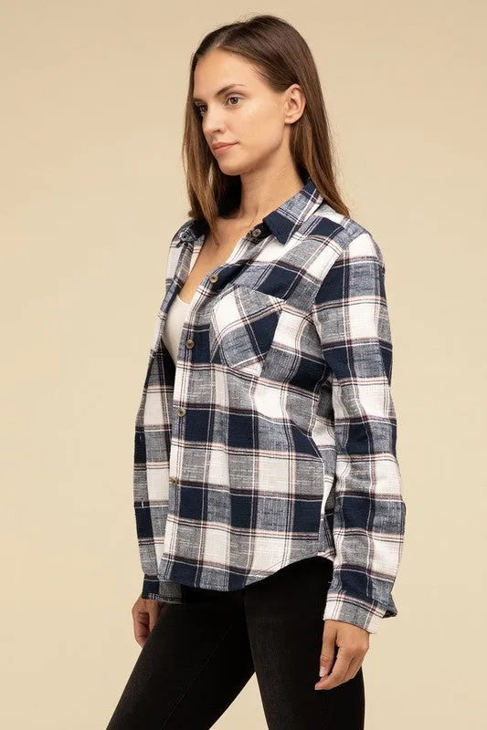 Cotton Plaid Shacket With Front Pocket