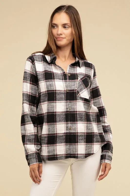 Cotton Plaid Shacket With Front Pocket