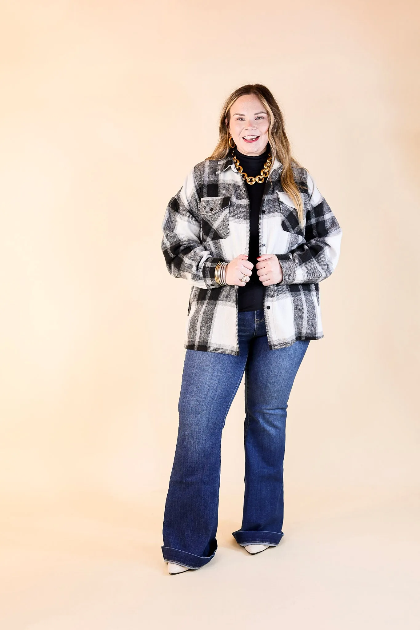 Cozy Memories Plaid Shacket with Front Pockets in Black