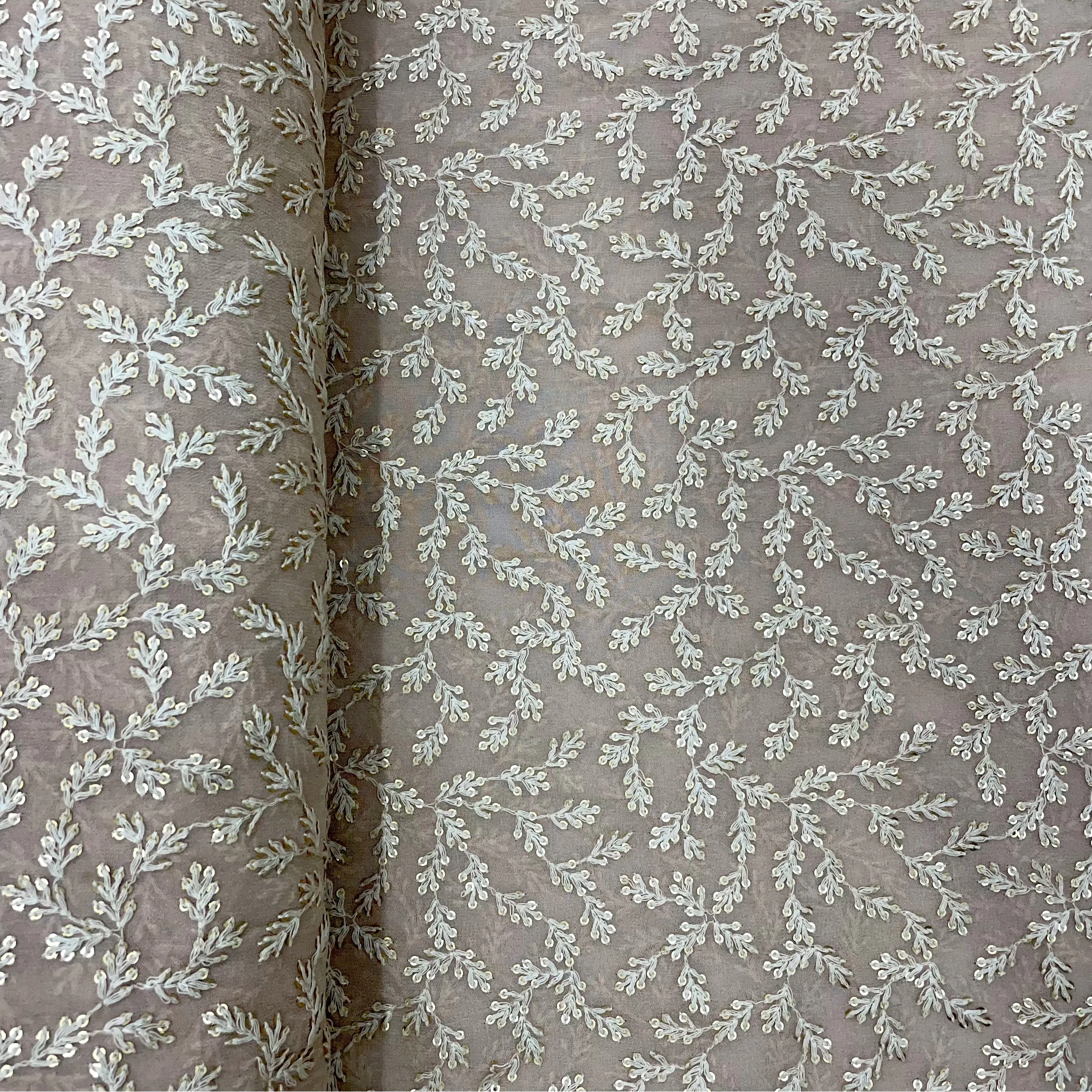 Cream Leaf Embroidery Sequins Georgette Fabric