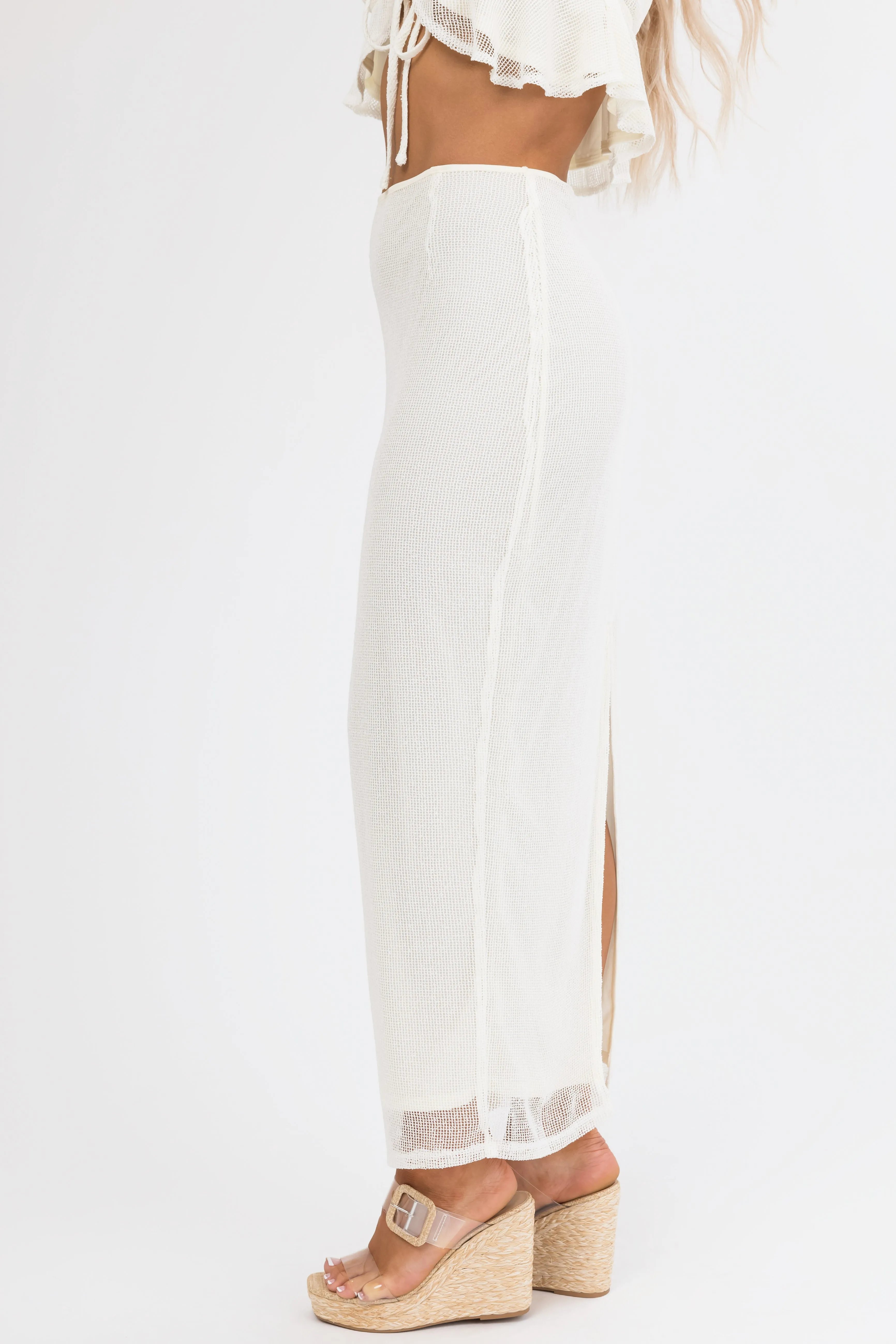 Cream Mesh Maxi Skirt with Back Slit