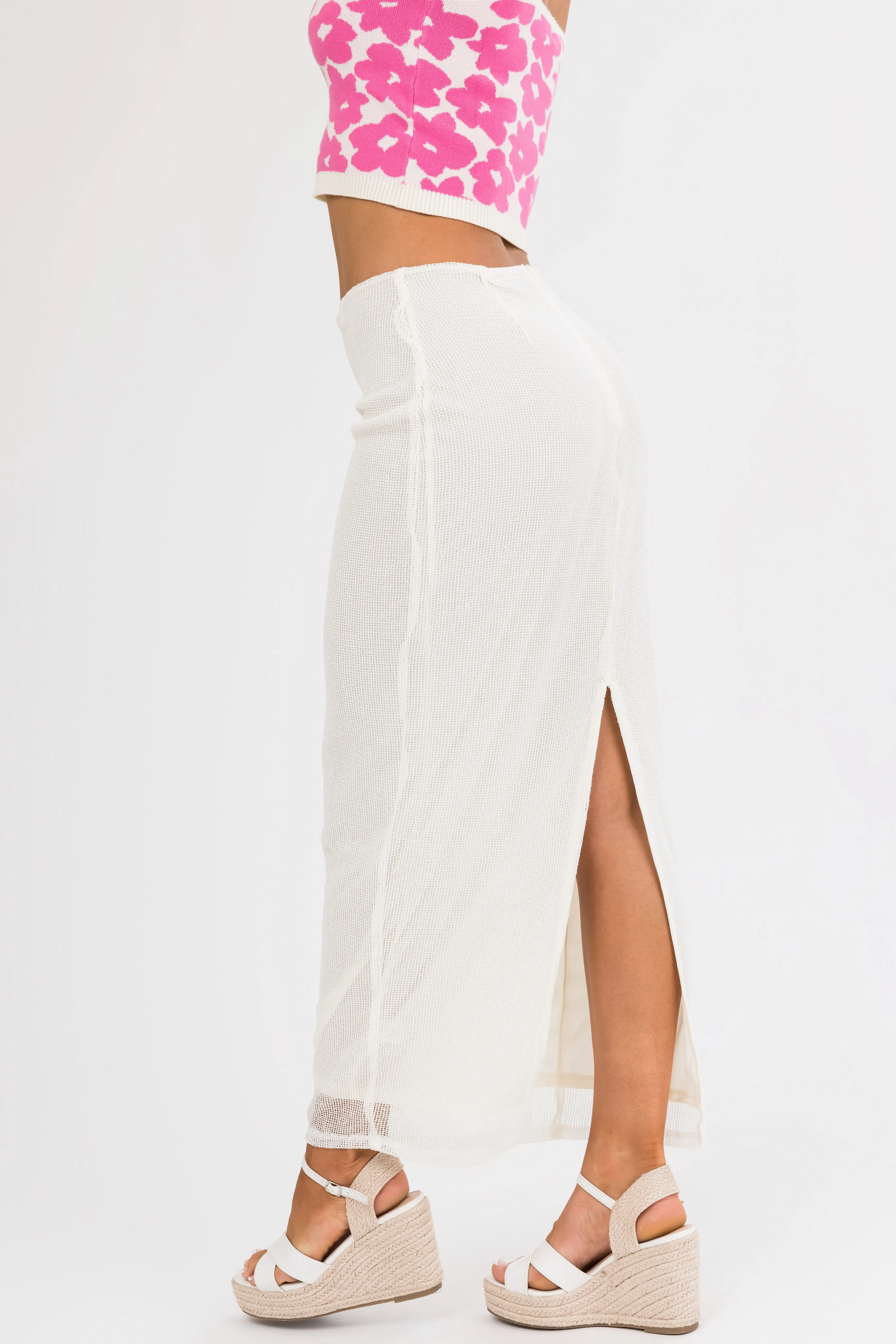 Cream Mesh Maxi Skirt with Back Slit