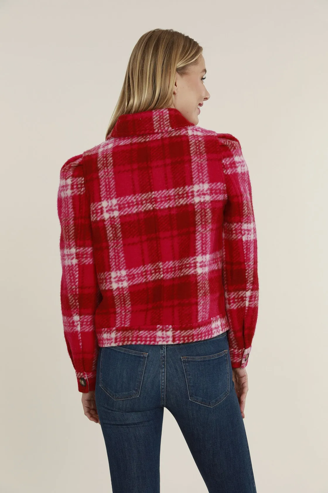 Cropped Plaid Shacket with Puff Shoulders