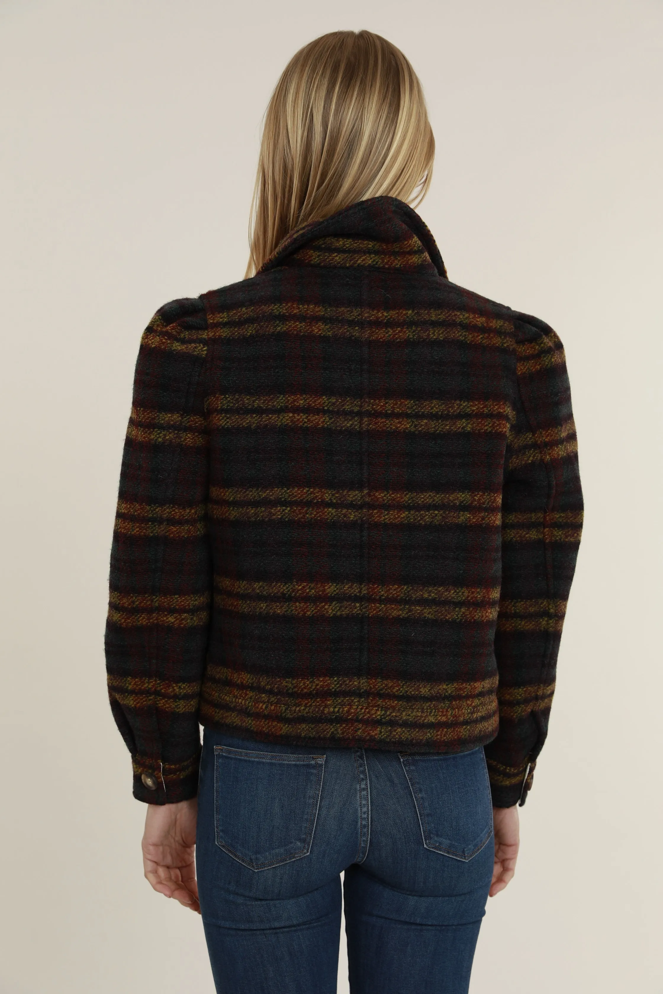 Cropped Plaid Shacket with Puff Shoulders