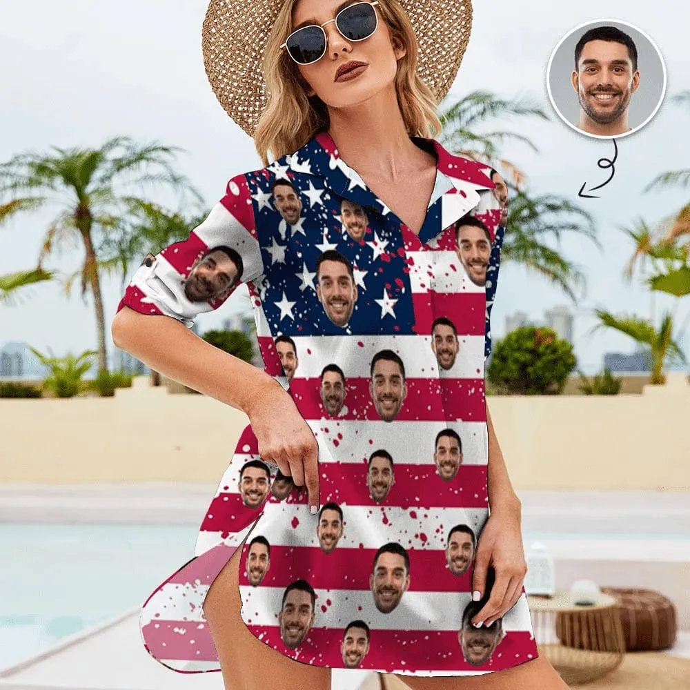 Custom Face American Flag Swim Bikini Cover Up Dress Personalized Women's V-Neck Bikini Beach Tunic Top #Celebrate July Fourth Women's Kimono Chiffon Cover Up