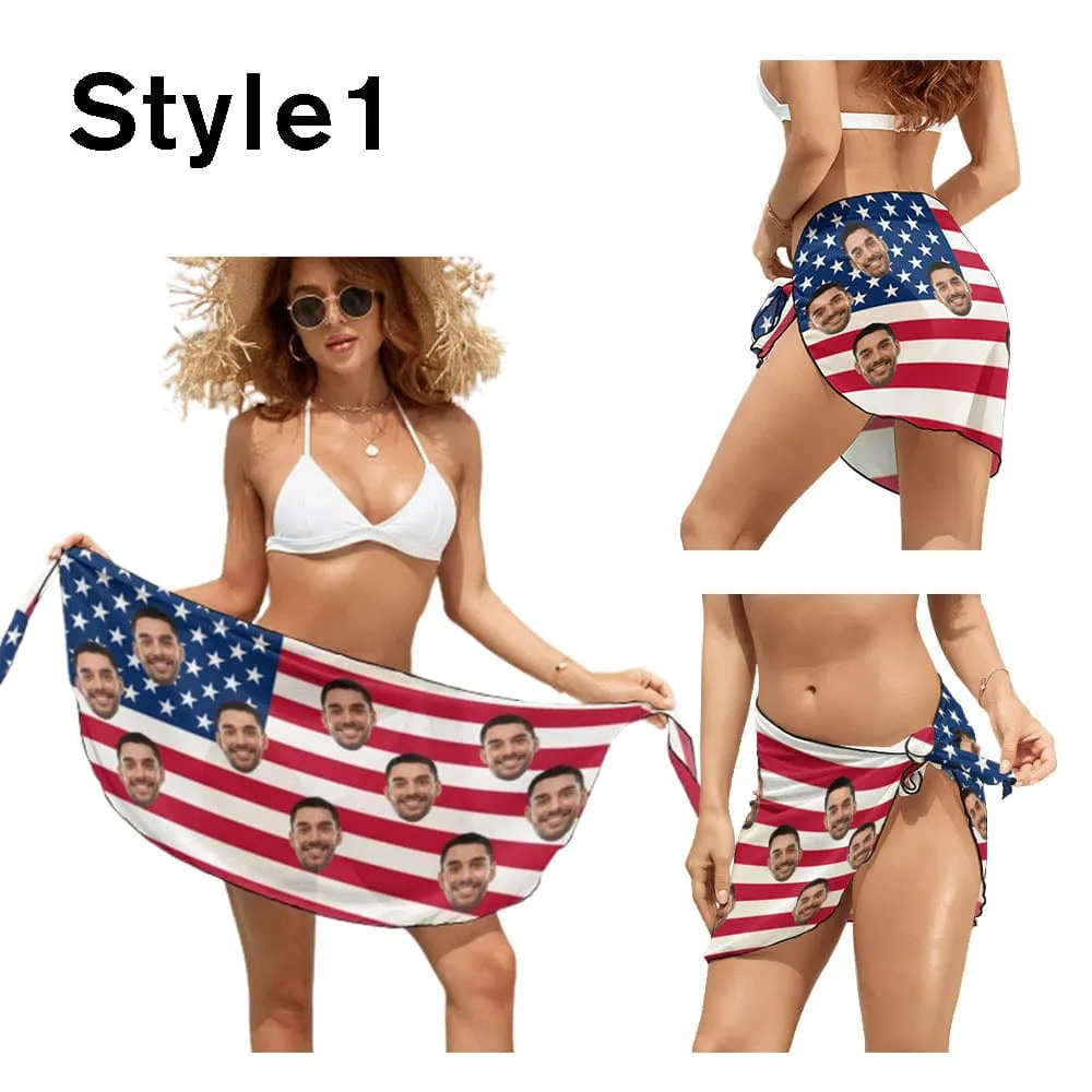 Custom Face American Flag Swim Bikini Cover Up Dress Personalized Women's V-Neck Bikini Beach Tunic Top #Celebrate July Fourth Women's Kimono Chiffon Cover Up