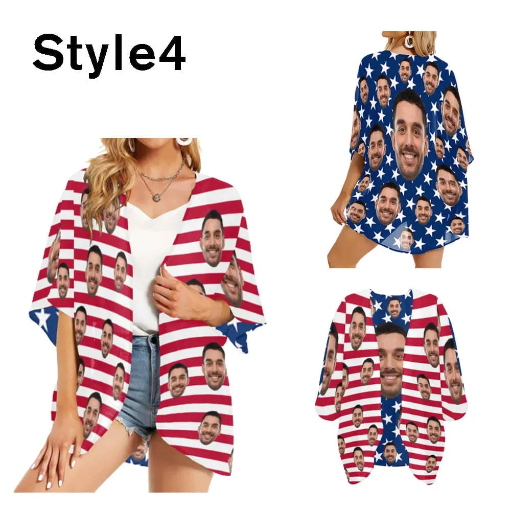 Custom Face American Flag Swim Bikini Cover Up Dress Personalized Women's V-Neck Bikini Beach Tunic Top #Celebrate July Fourth Women's Kimono Chiffon Cover Up