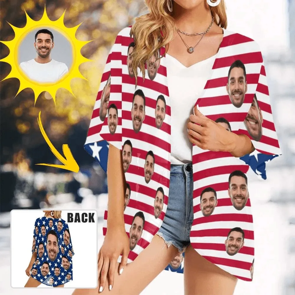 Custom Face American Flag Swim Bikini Cover Up Dress Personalized Women's V-Neck Bikini Beach Tunic Top #Celebrate July Fourth Women's Kimono Chiffon Cover Up