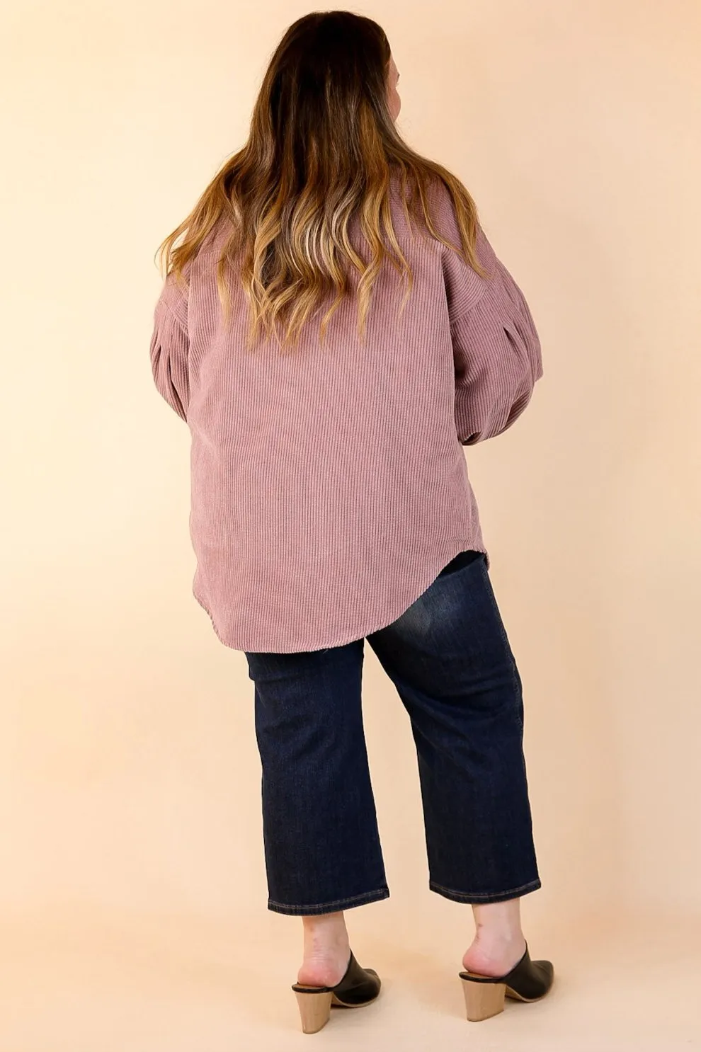 Cute Collab Button Up Corduroy Shacket with Balloon Sleeves in Mauve